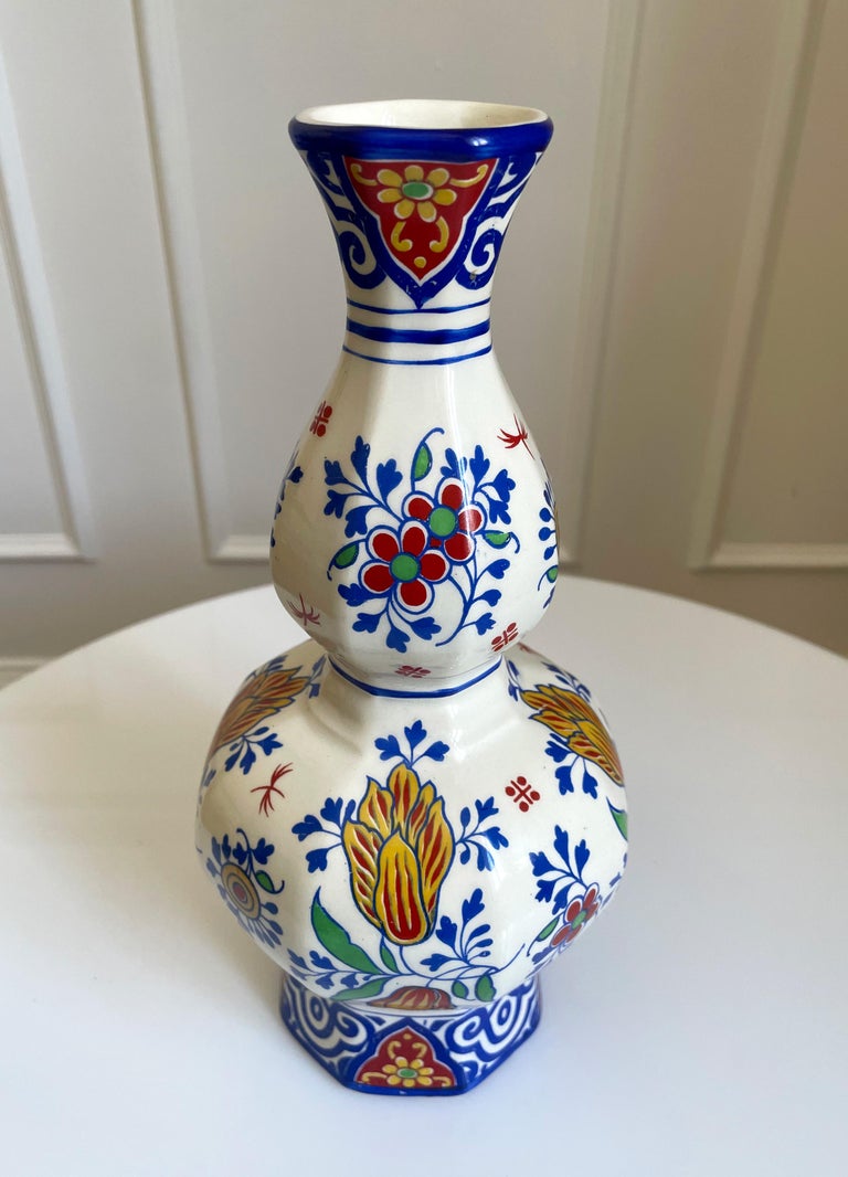 Hand-Painted Antique Boch Fréres Keramis Art Deco Delft Faience Vase, Belgium, 1920s For Sale