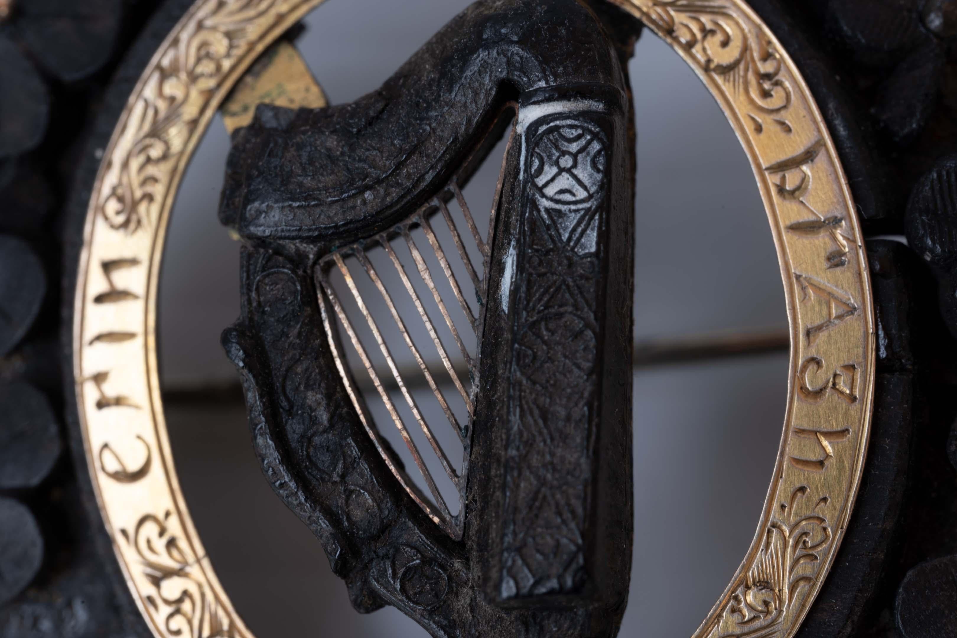 Antique Bog Oak Irish Harp Pin Brooch 
