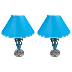 Antike Tischlampen aus blauem Böhmischem Kristall in Fischform, Empire-Stil, um 2000