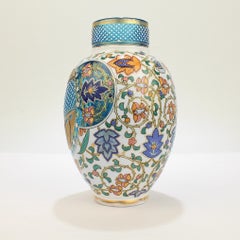 Antique Bohemian Aesthetic Movement Cased Blue and White Enameled Cut Glass Vase