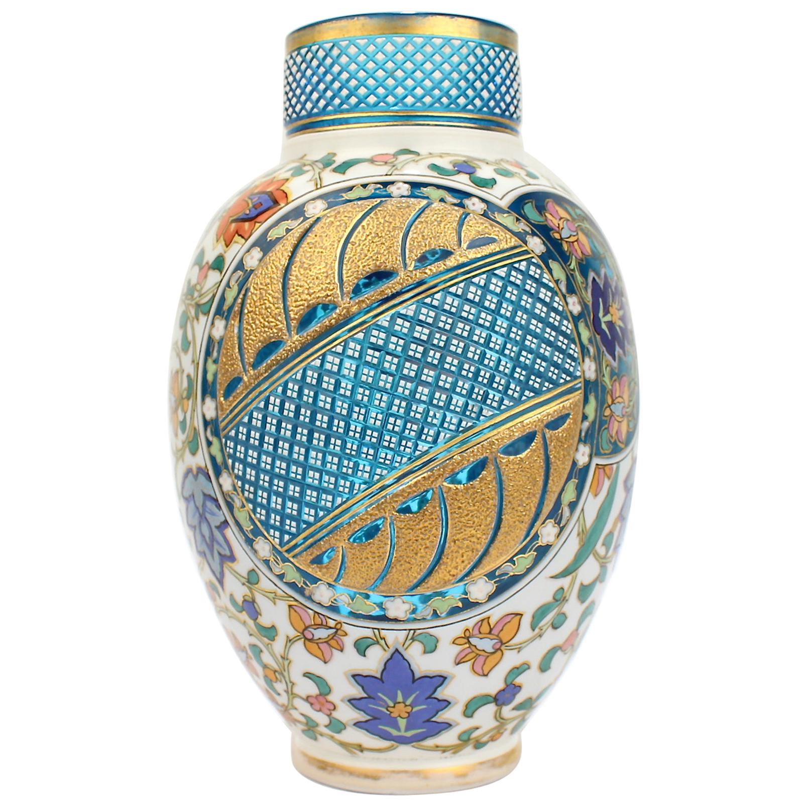 Antique Bohemian Aesthetic Movement Cased Blue and White Enameled Cut Glass Vase For Sale