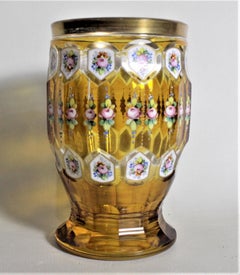 Antique Bohemian Amber Crystal Spa Glass or Vase with Floral Enameled Accents