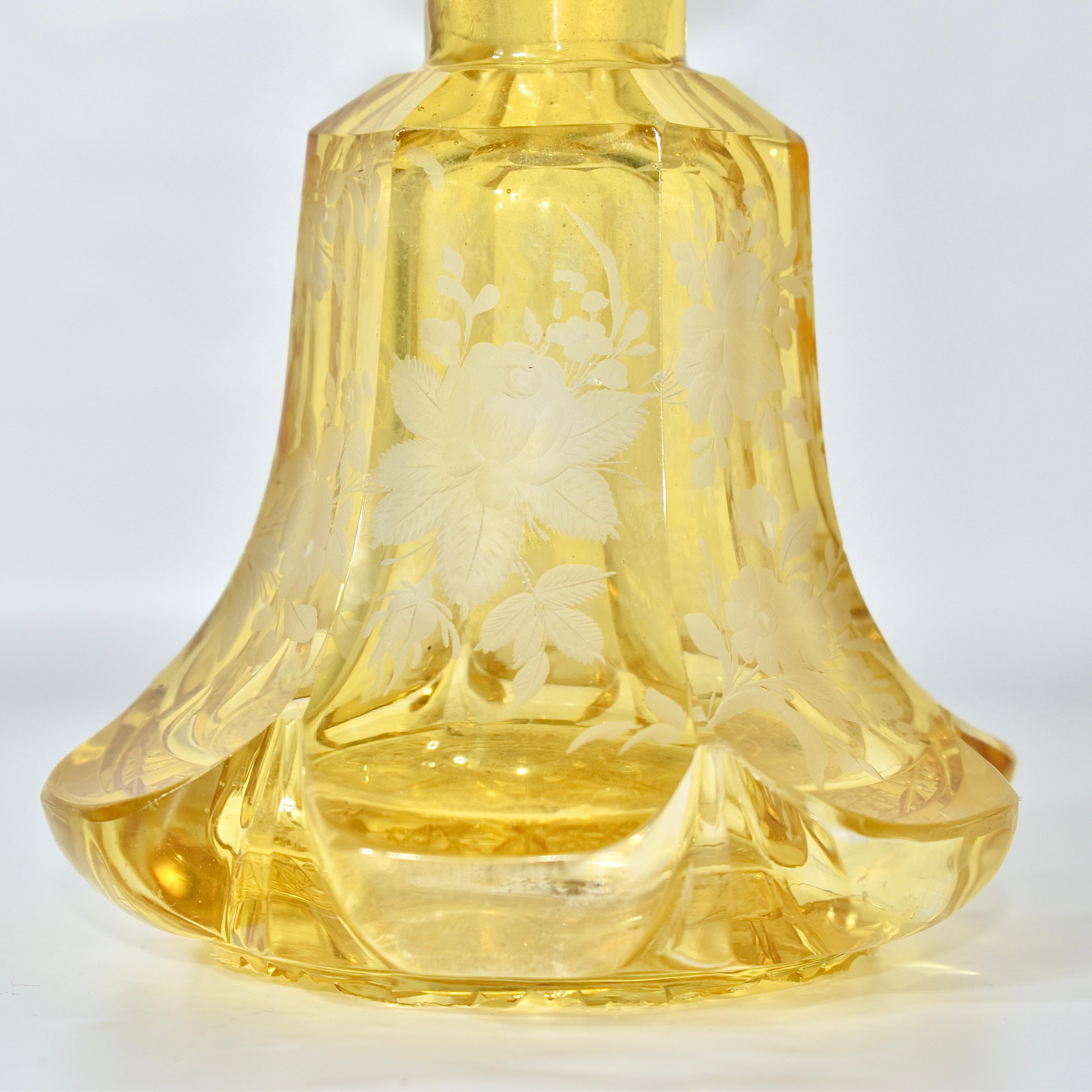 Cut Glass Antique Bohemian Amber Engraved Glass Perfume Bottle, Flacon, 19th Century For Sale