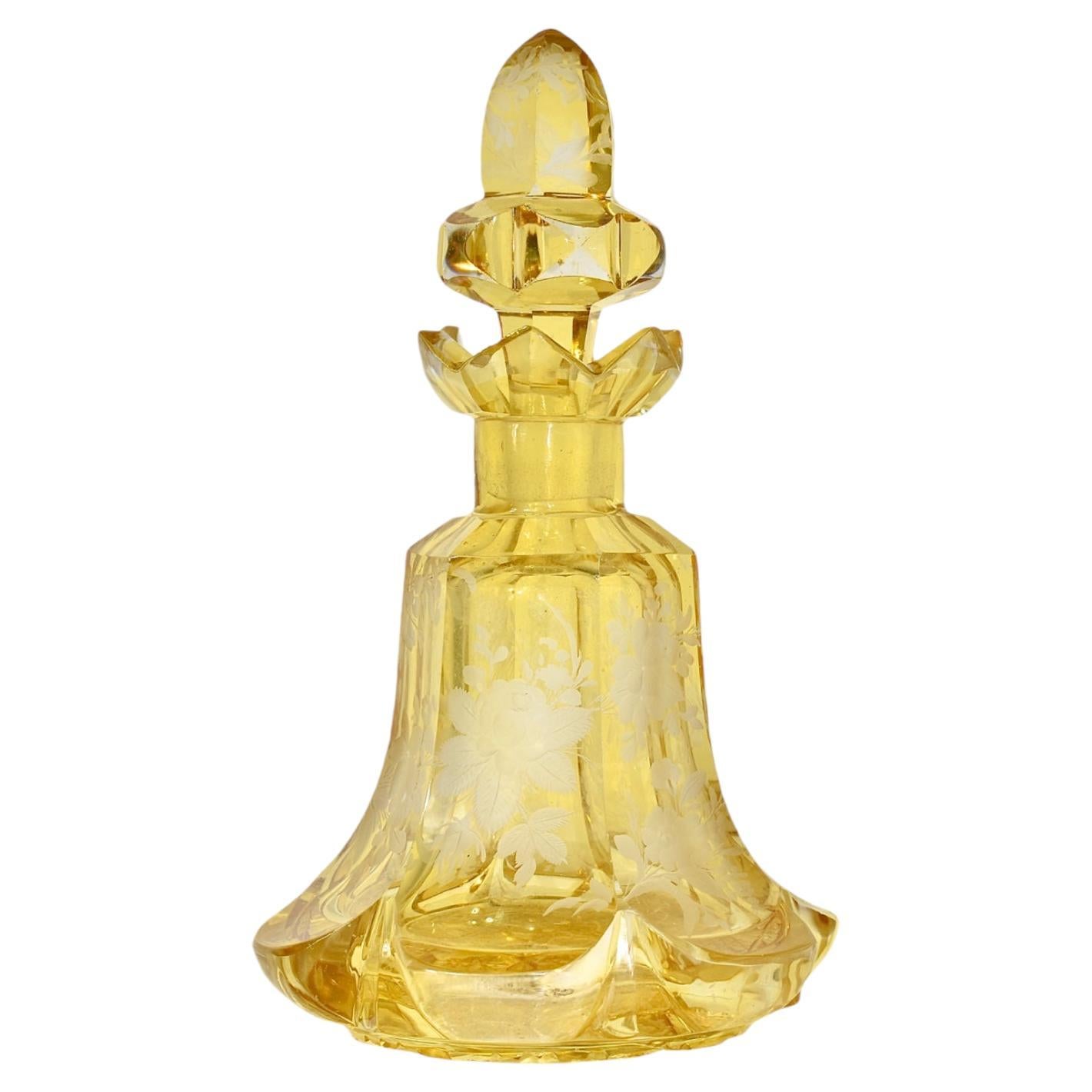 Antique Bohemian Amber Engraved Glass Perfume Bottle, Flacon, 19th Century For Sale