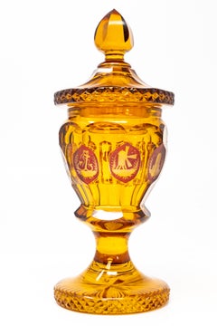 Antique Bohemian Amber Flash Cut Glass Covered Goblet with Spa Medallions (Pokal