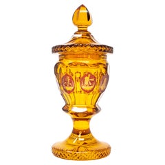 Antique Bohemian Amber Flash Cut Glass Covered Goblet with Spa Medallions (Pokal