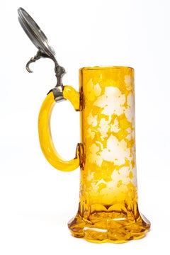 Antique Bohemian Amber Glass Beer Stein with Pewter Lid and Engraved Grapevines
