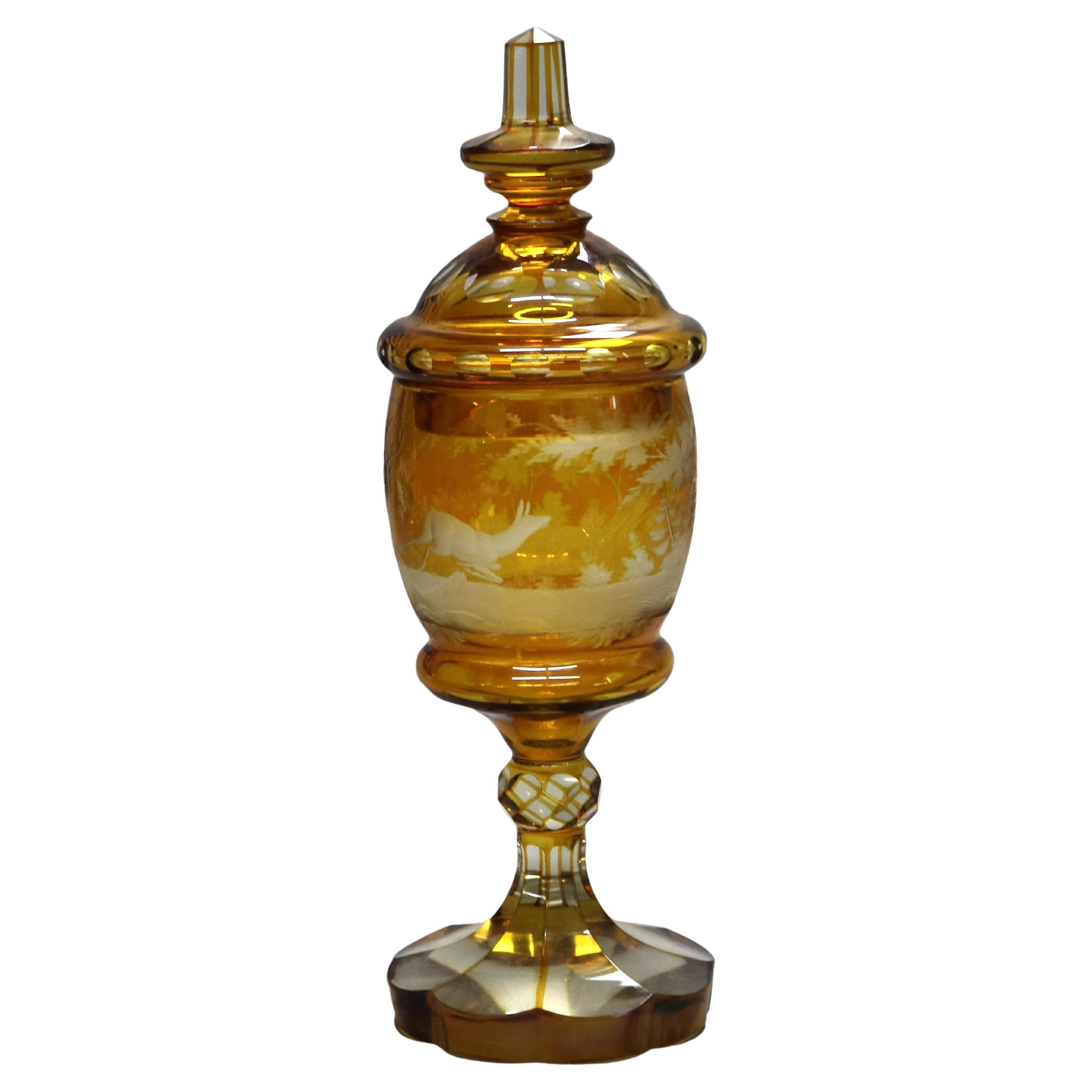 Antique Bohemian Amber Glass with Cut Back Deer Scene C1900