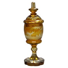 Antique Bohemian Amber Glass with Cut Back Deer Scene C1900