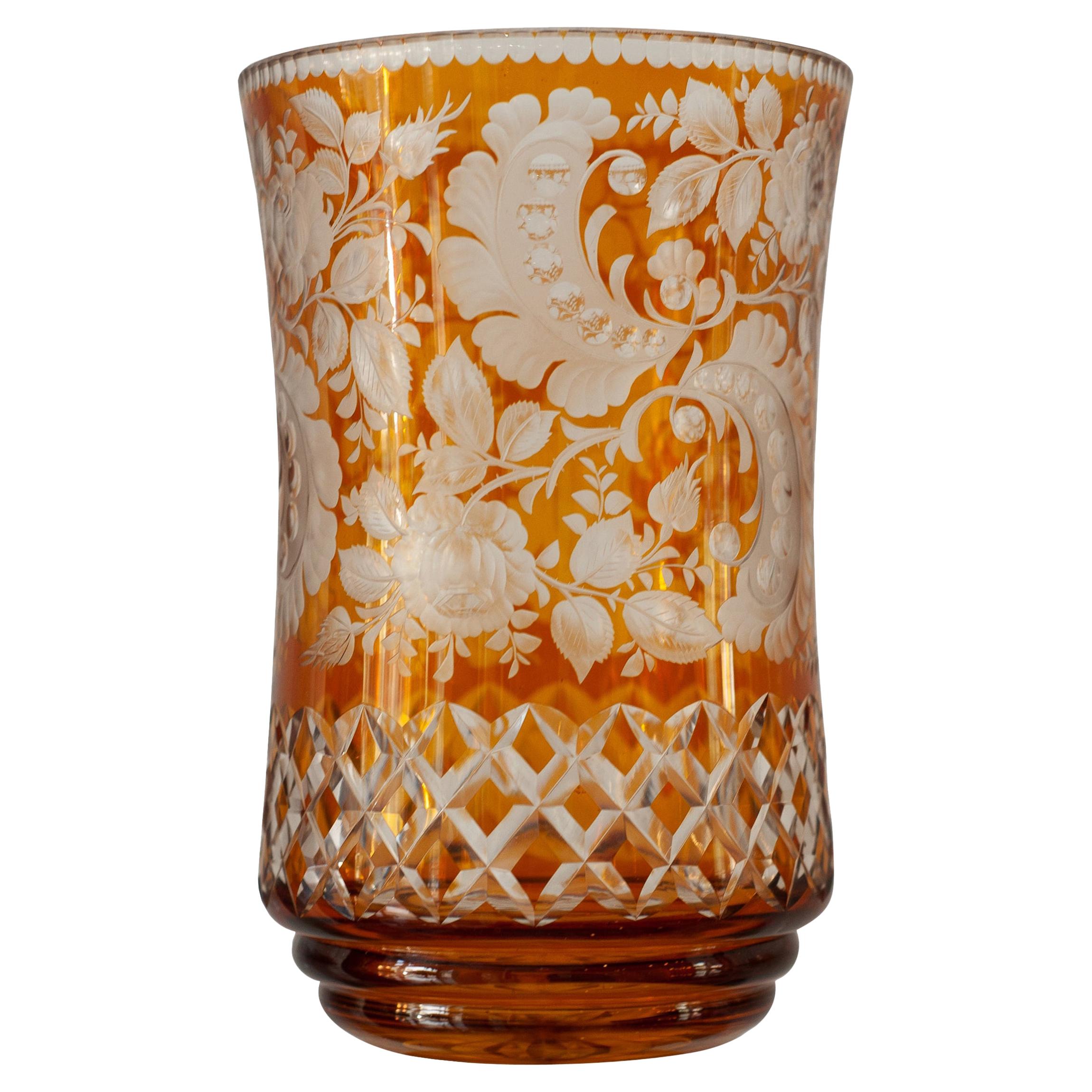 Antique Bohemian Amber Orange Cut Crystal Vase