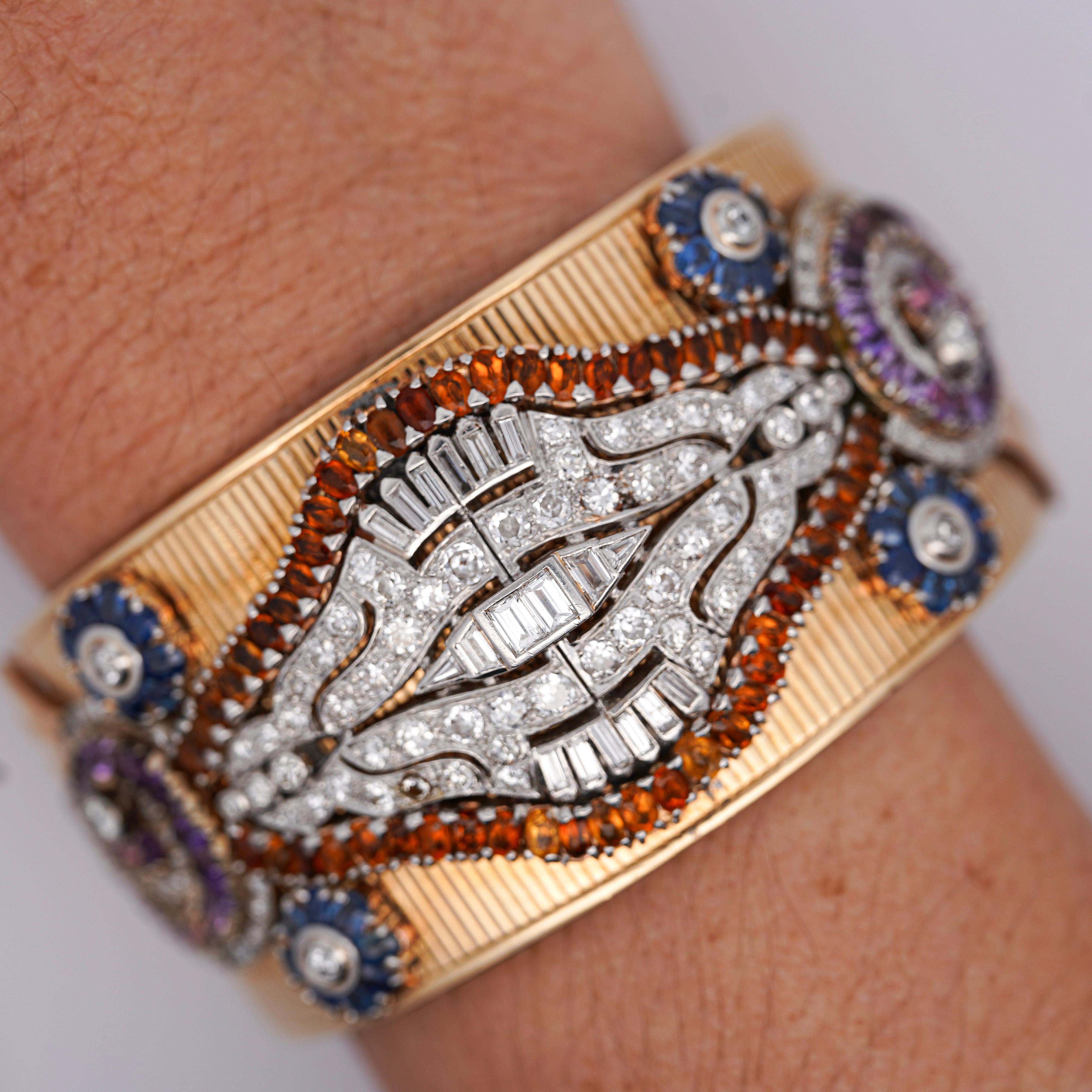 Baguette de 10 quilates, trapezoidal, diamante talla vieja europea con 30,0 CTTW zafiros citrinos amatistas en brazalete puño de oro amarillo de 14 quilates.

Detalles:
Tipo de artículo Pulsera brazalete
Metal: Oro amarillo de 14 quilates (textura