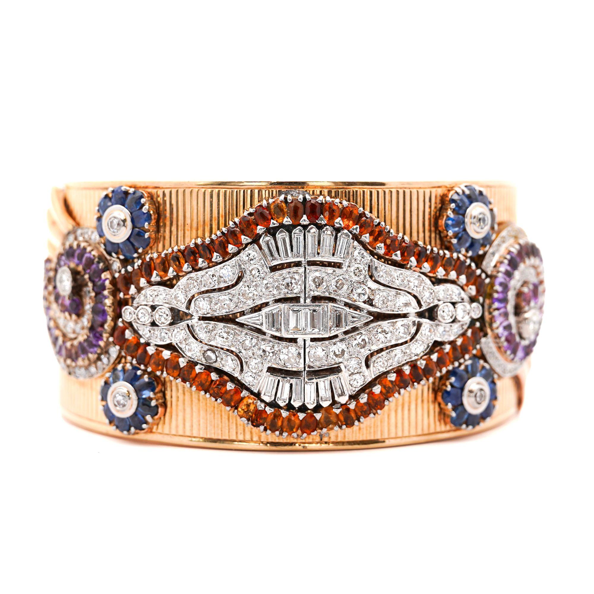 Antiguo brazalete bohemio Art Decó de oro de 14 quilates con diamantes Corte europeo antiguo en venta