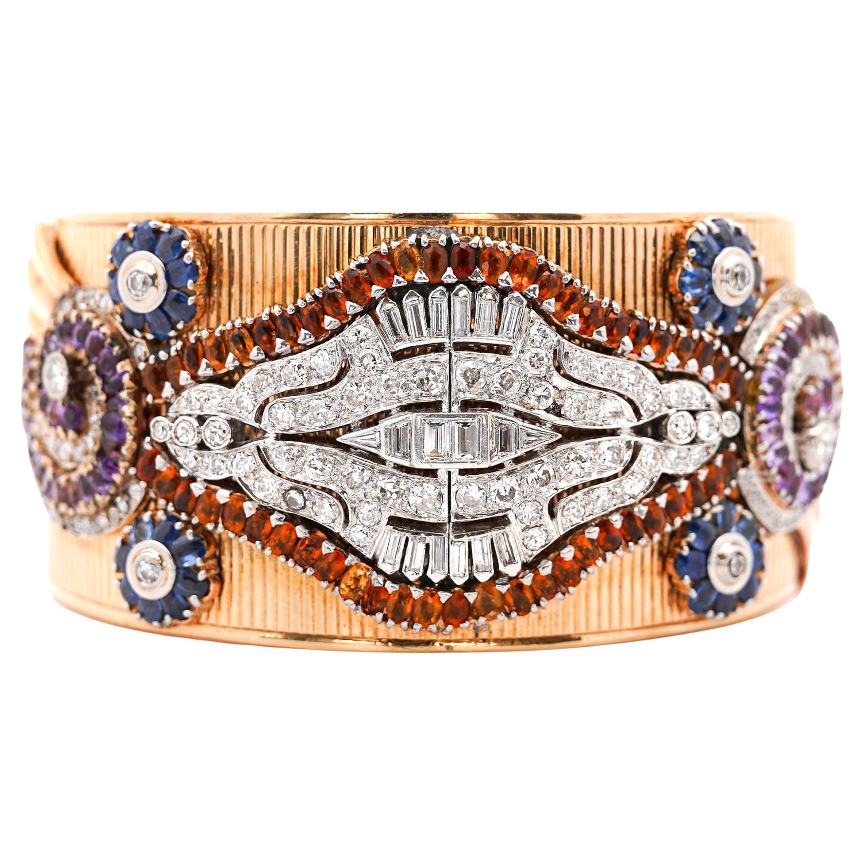 Bracelet jonc manchette antique Art déco bohème en or 14 carats avec diamants