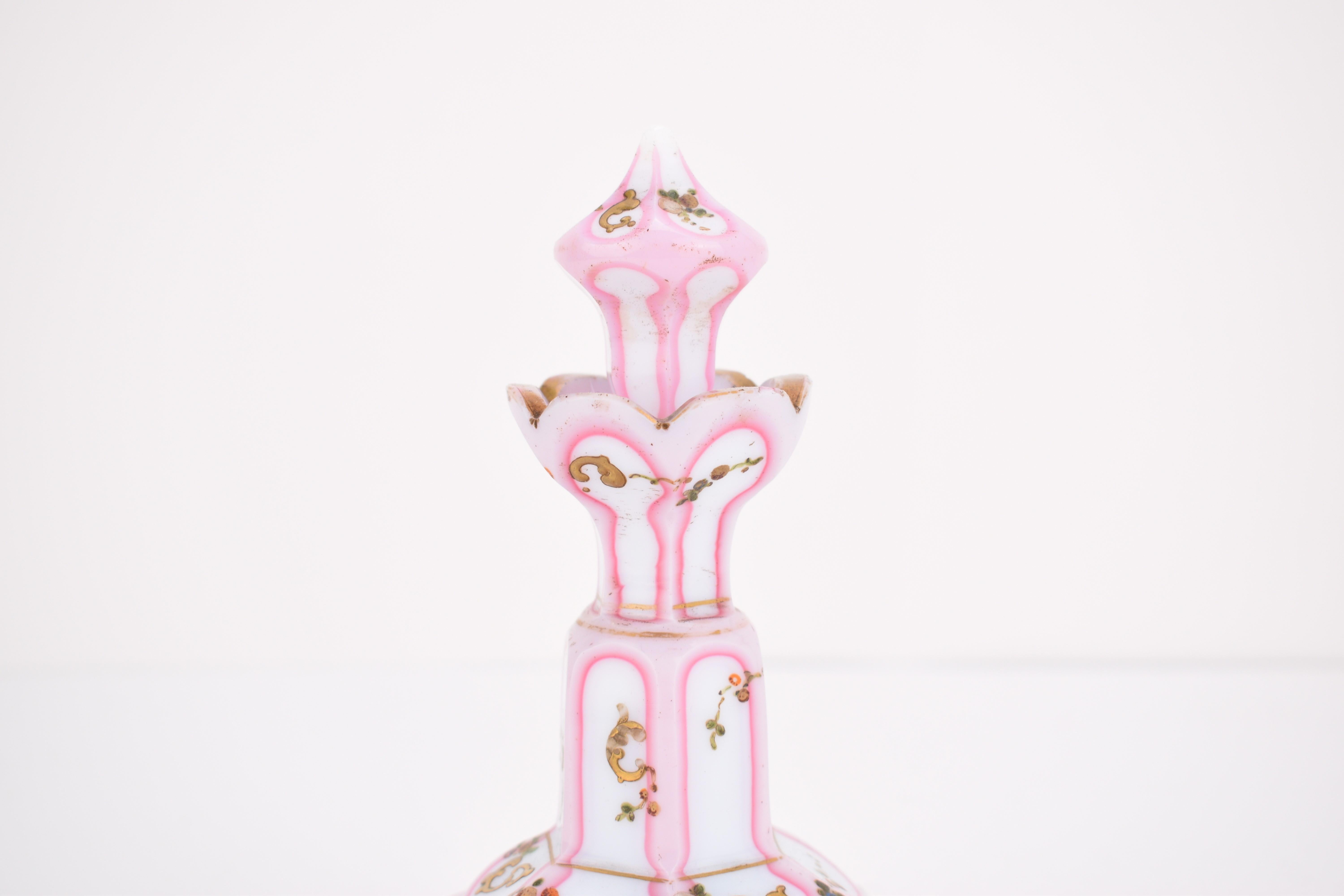 Enameled Antique Bohemian Biedermeier Opaline Overlay Glass Perfume Bottle, 19th Century For Sale