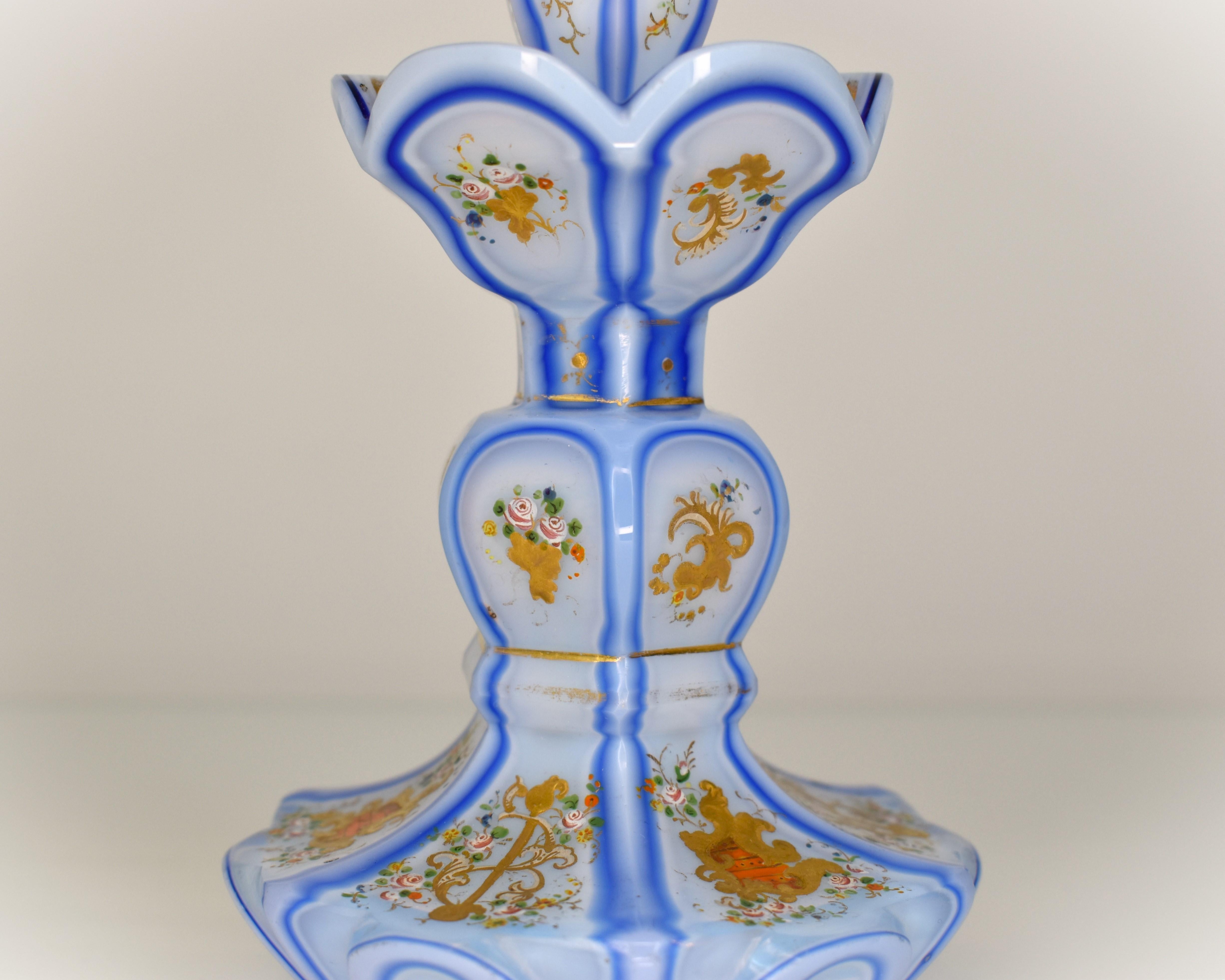 Enameled Antique Bohemian Biedermeier Overlay Opaline Glass Perfume Bottle, 19th Century