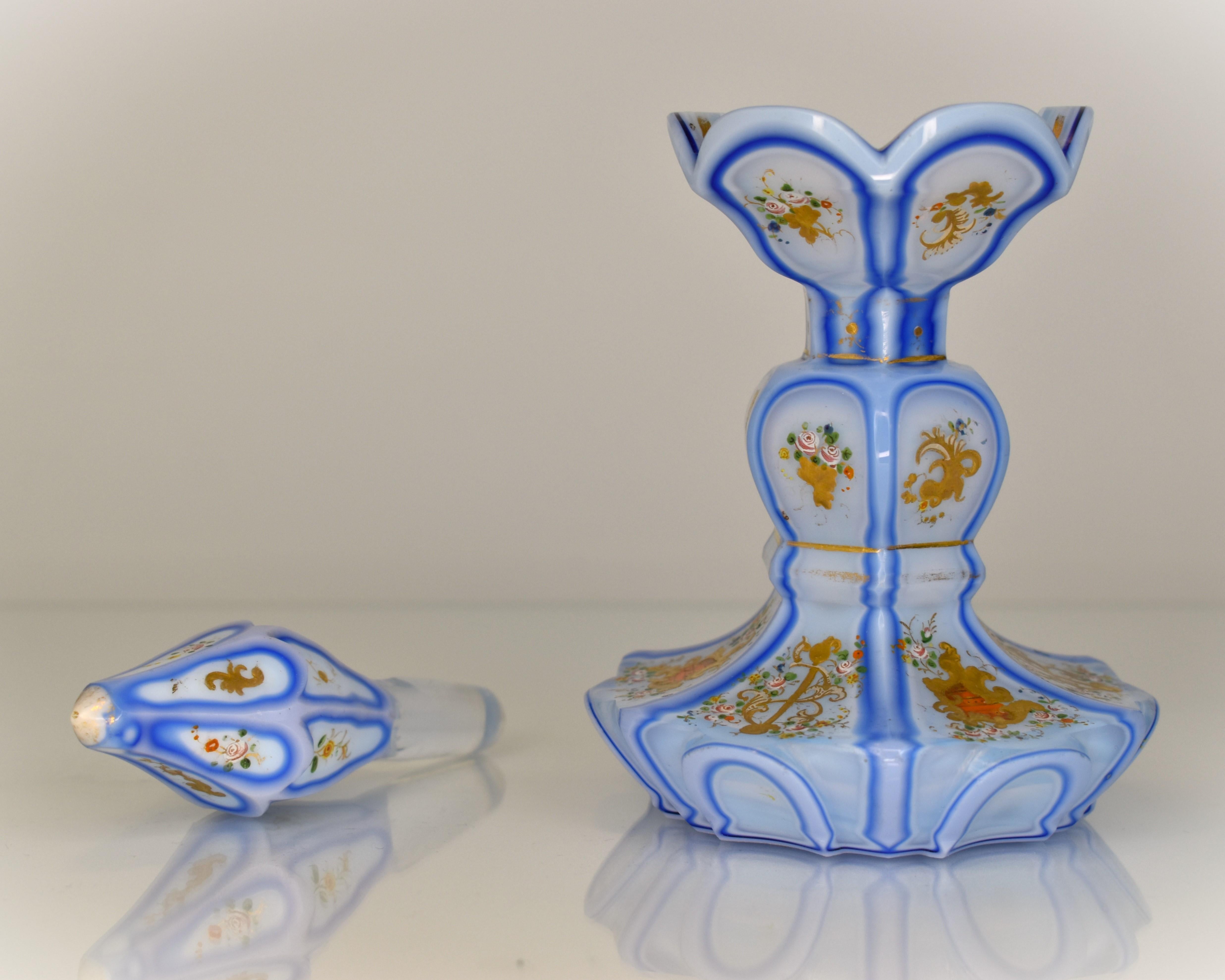Enamel Antique Bohemian Biedermeier Overlay Opaline Glass Perfume Bottle, 19th Century