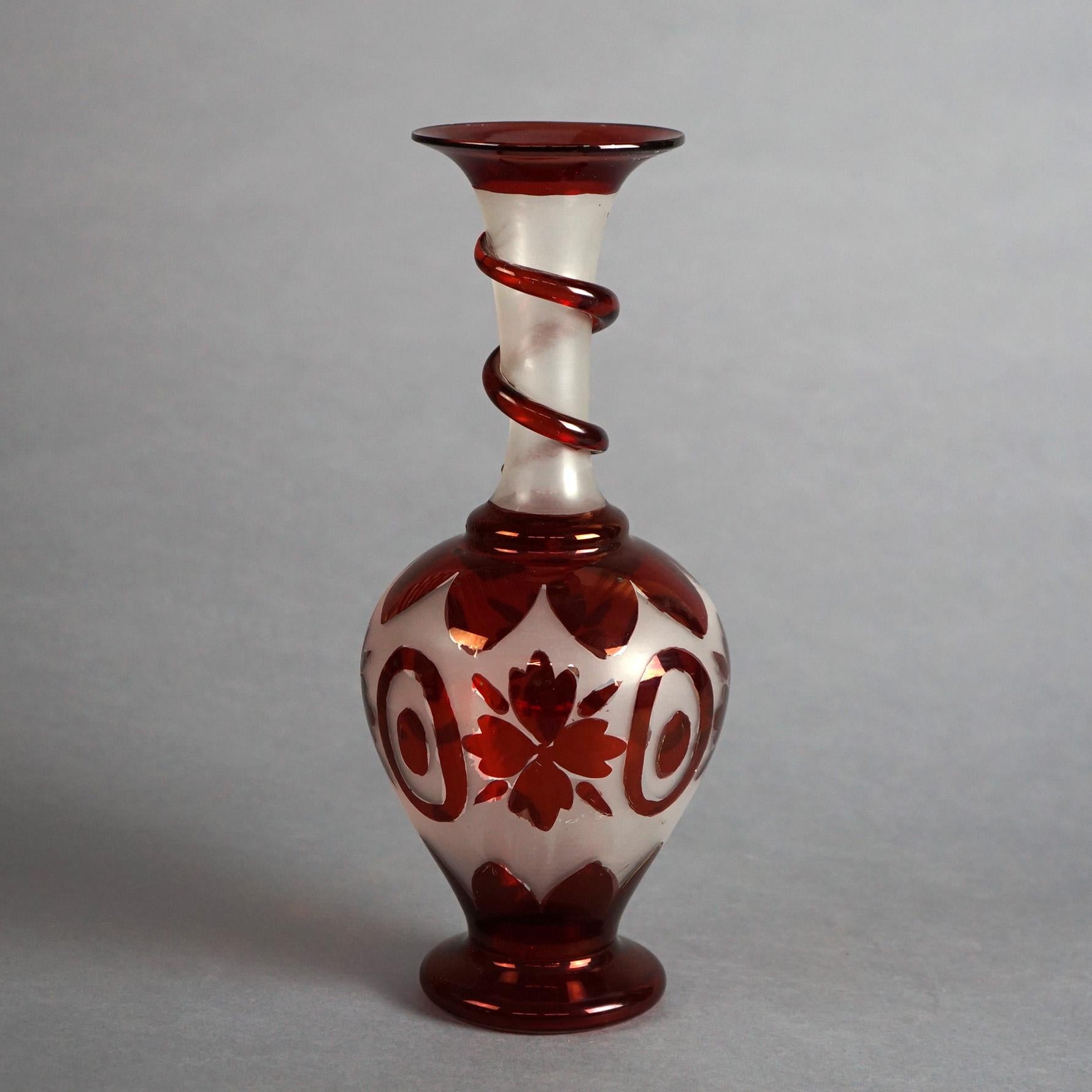 Antique Bohemian Blown Glass Vase with Flowers & Applied Elements Circa 1900

Measures - 12.25