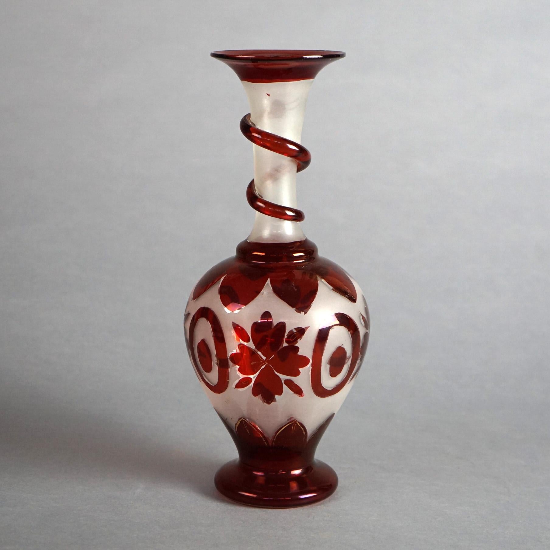 20th Century Antique Bohemian Blown Glass Vase with Flowers & Applied Elements Circa 1900 For Sale