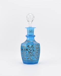Antique Bohemian Blue Opaline Crystal Glass Decanter Bottle, 19th Century
