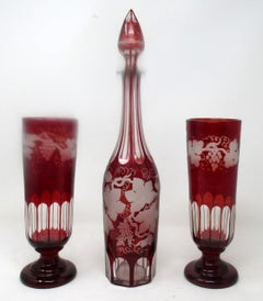 Antique Bohemian Chech Ruby Cranberry Glass Decanter Pair Goblets Vases Egermann