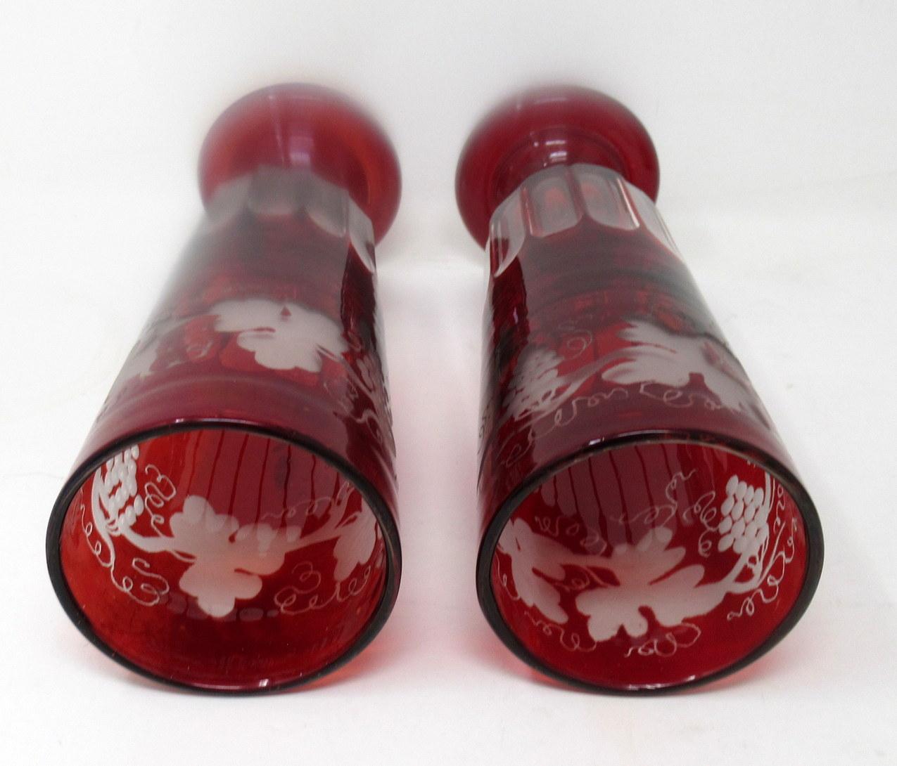 English Antique Bohemian Chech Ruby Cranberry Glass Decanter Pair Goblets Vases Egermann For Sale