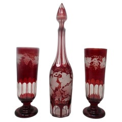 Vintage Bohemian Chech Ruby Cranberry Glass Decanter Pair Goblets Vases Egermann