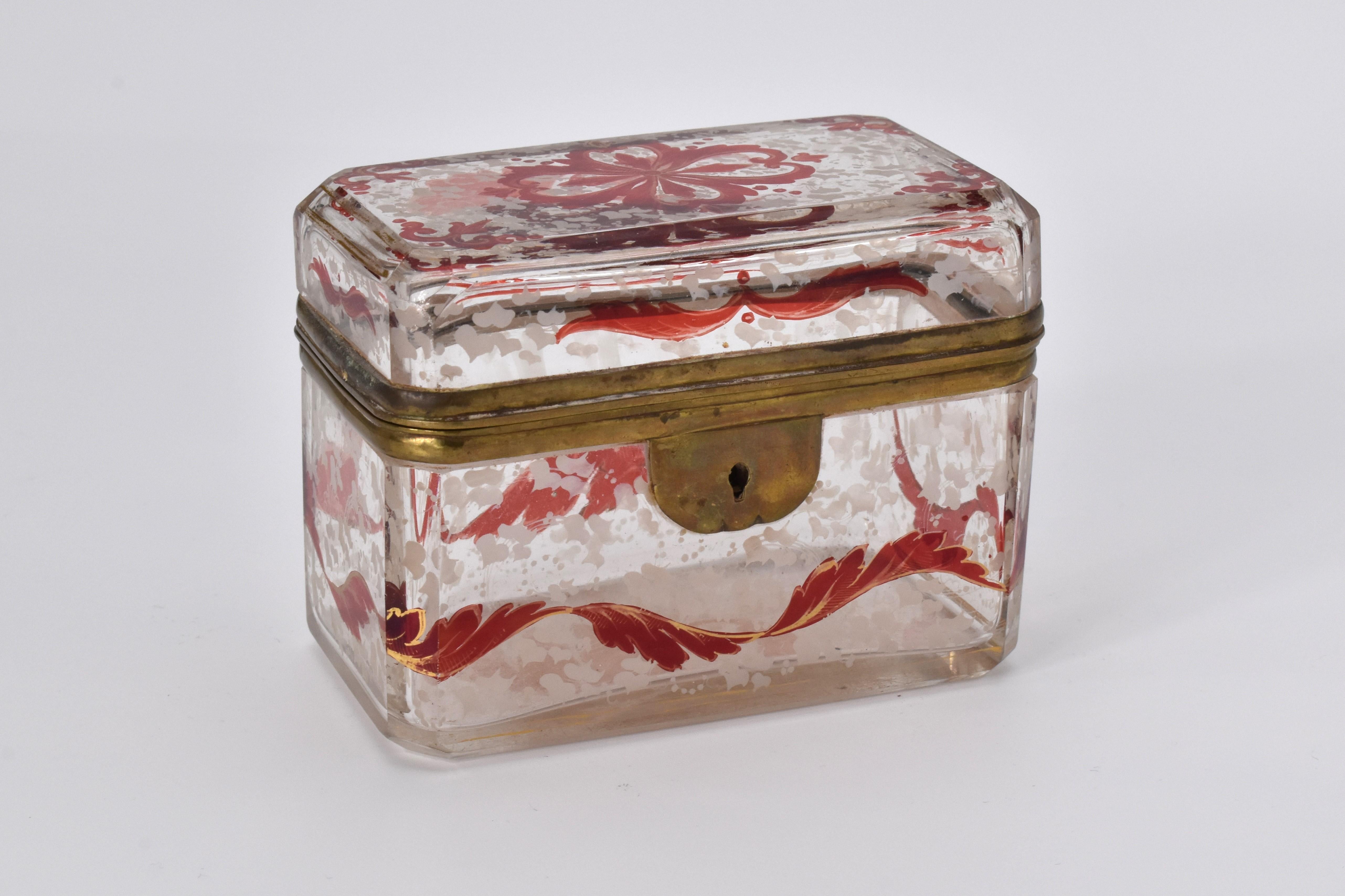 Antique Bohemian Clear and Ruby Enameled Glass Casket Box, 19th Century In Good Condition For Sale In Rostock, MV