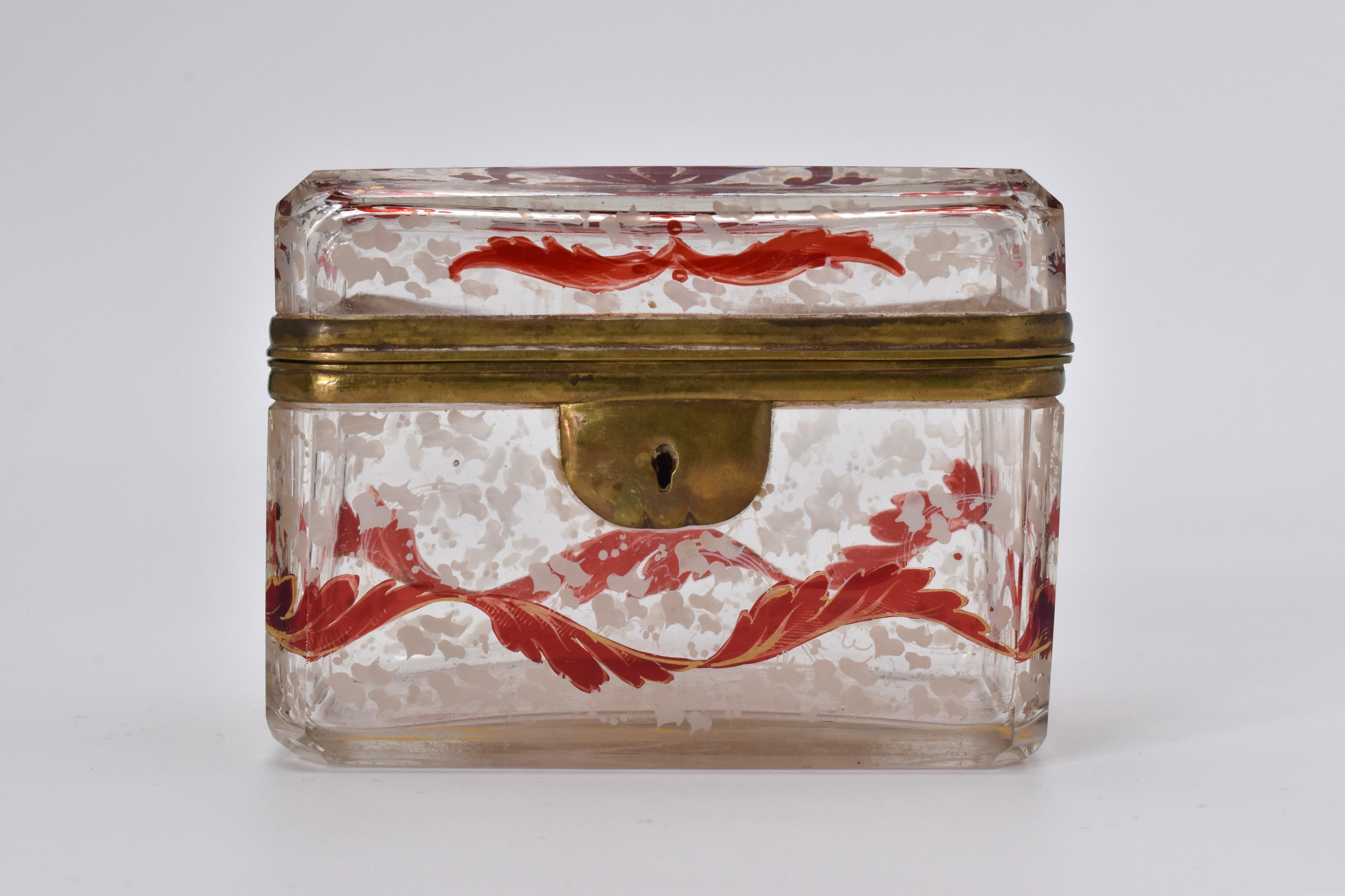 Cut Glass Antique Bohemian Clear and Ruby Enameled Glass Casket Box, 19th Century For Sale