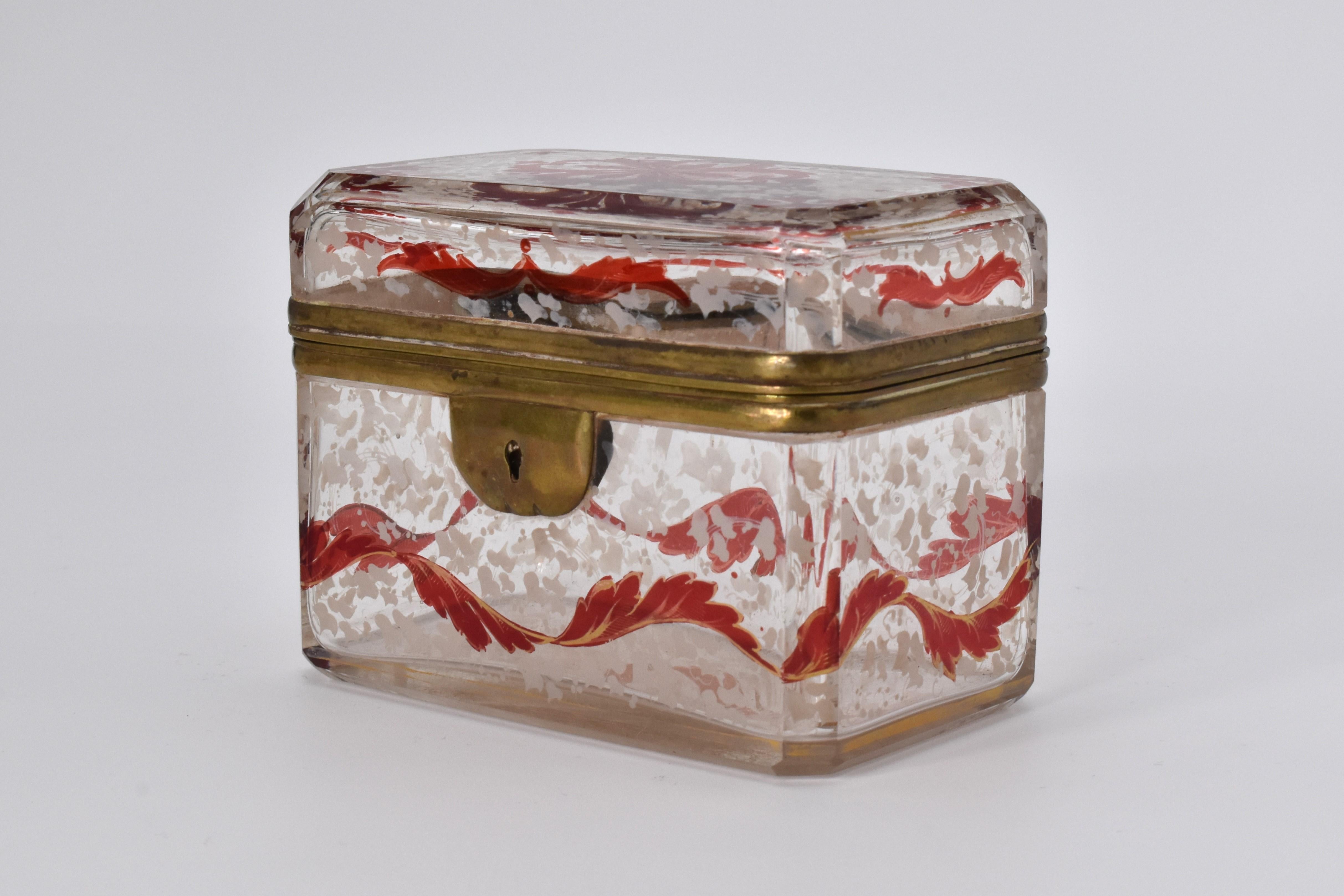 Antique Bohemian Clear and Ruby Enameled Glass Casket Box, 19th Century For Sale 1