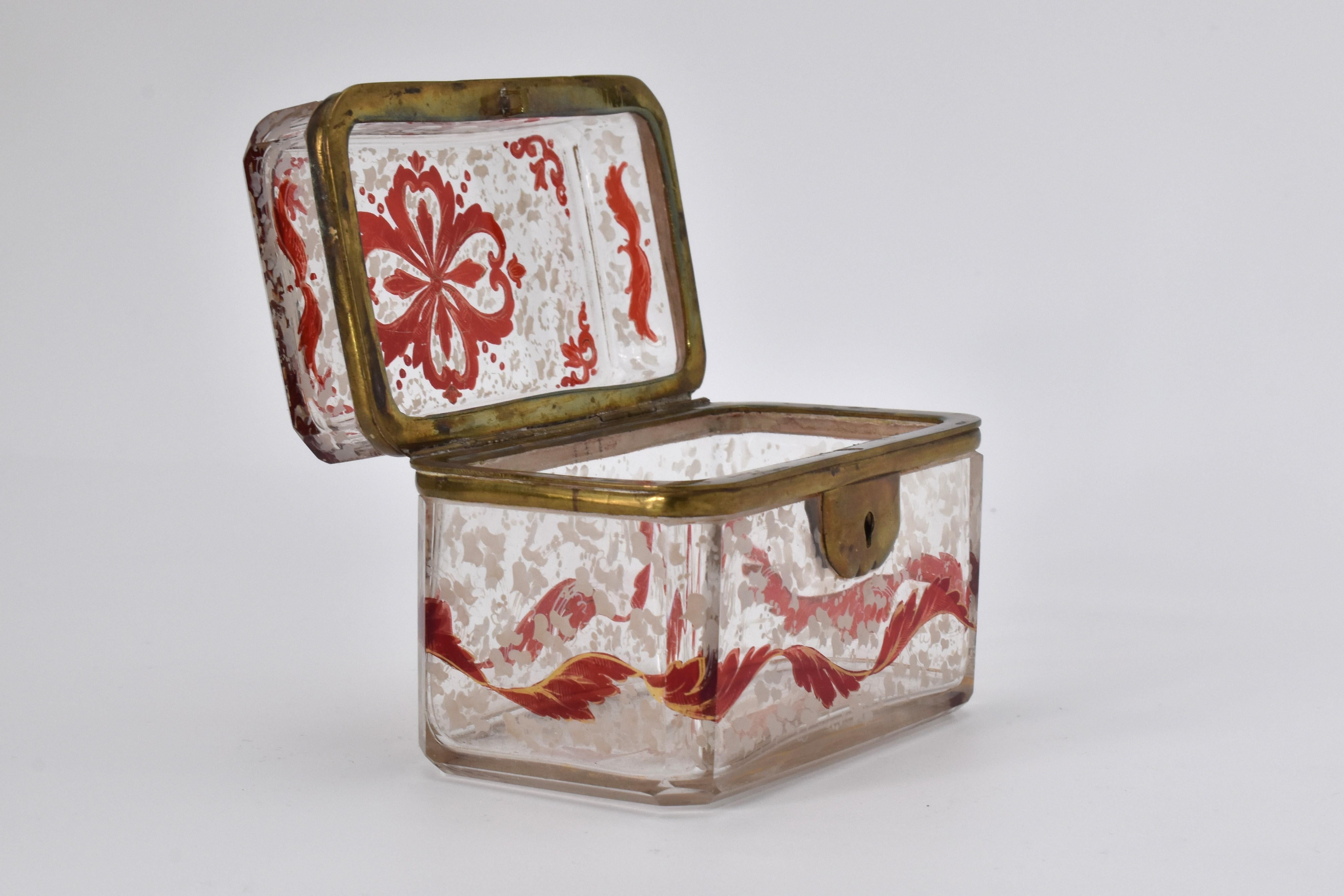 Antique Bohemian Clear and Ruby Enameled Glass Casket Box, 19th Century For Sale 2