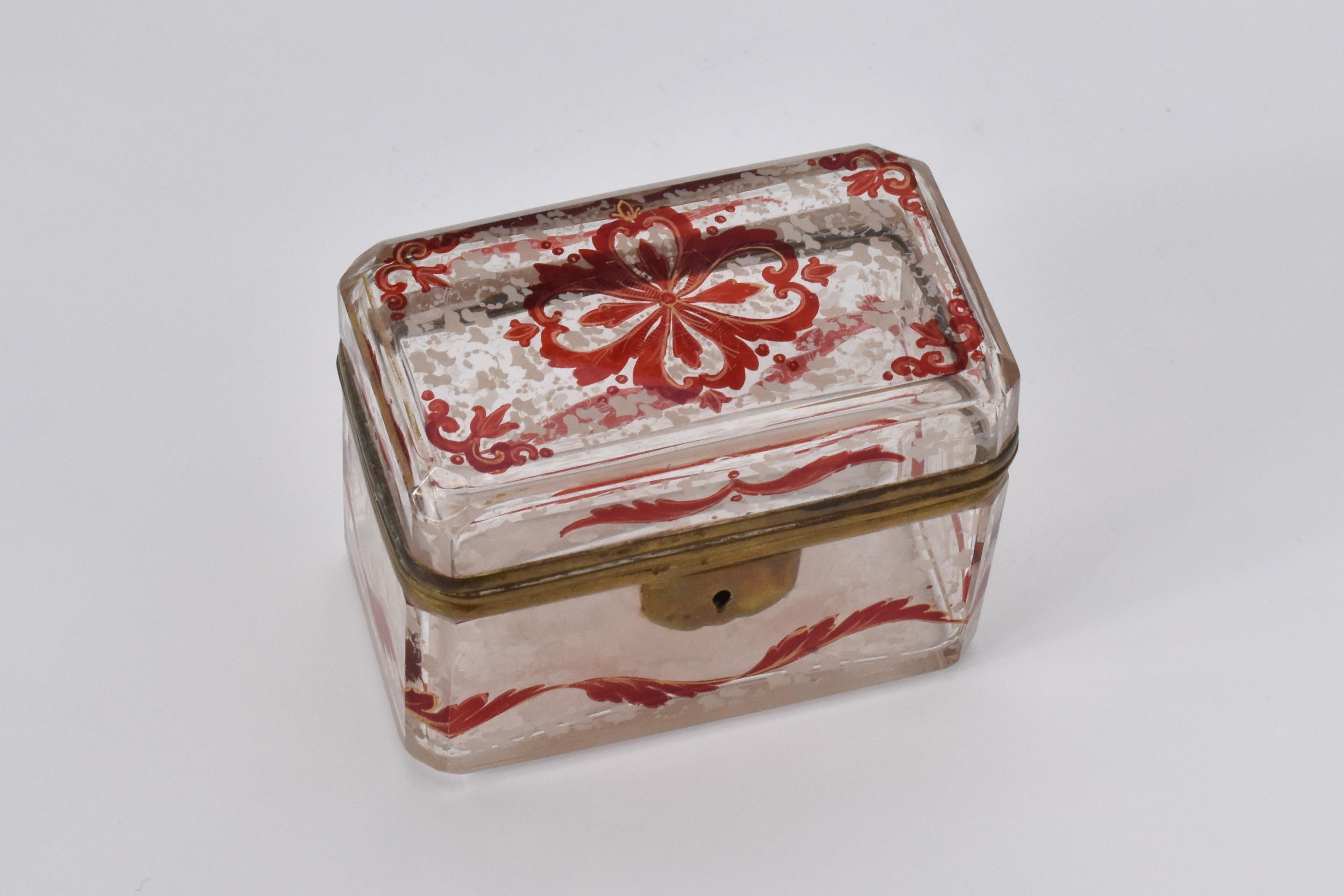 Antique Bohemian Clear and Ruby Enameled Glass Casket Box, 19th Century For Sale 3