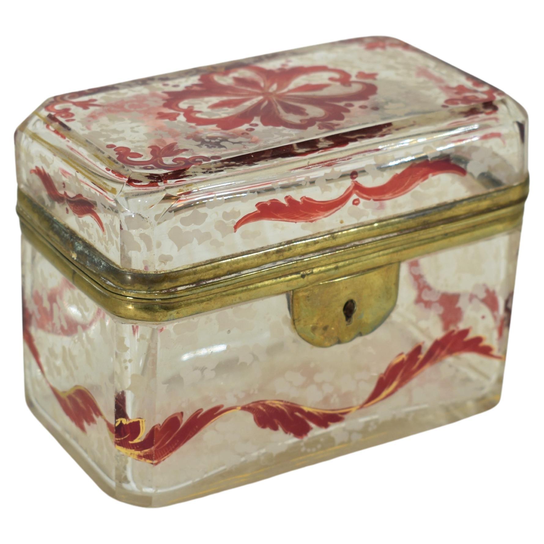 Ancienne boîte-casier en verre émaillé transparent et rubis de Bohème, 19e siècle