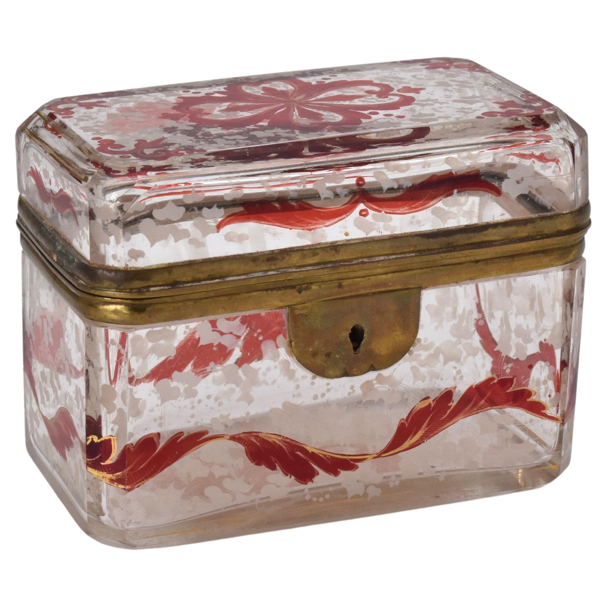 Antique Bohemian Clear and Ruby Enameled Glass Casket Box, 19th Century