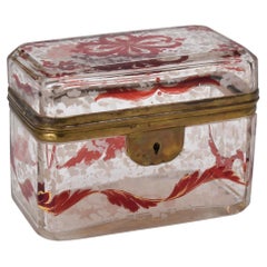 Antique Bohemian Clear and Ruby Enameled Glass Casket Box, 19th Century