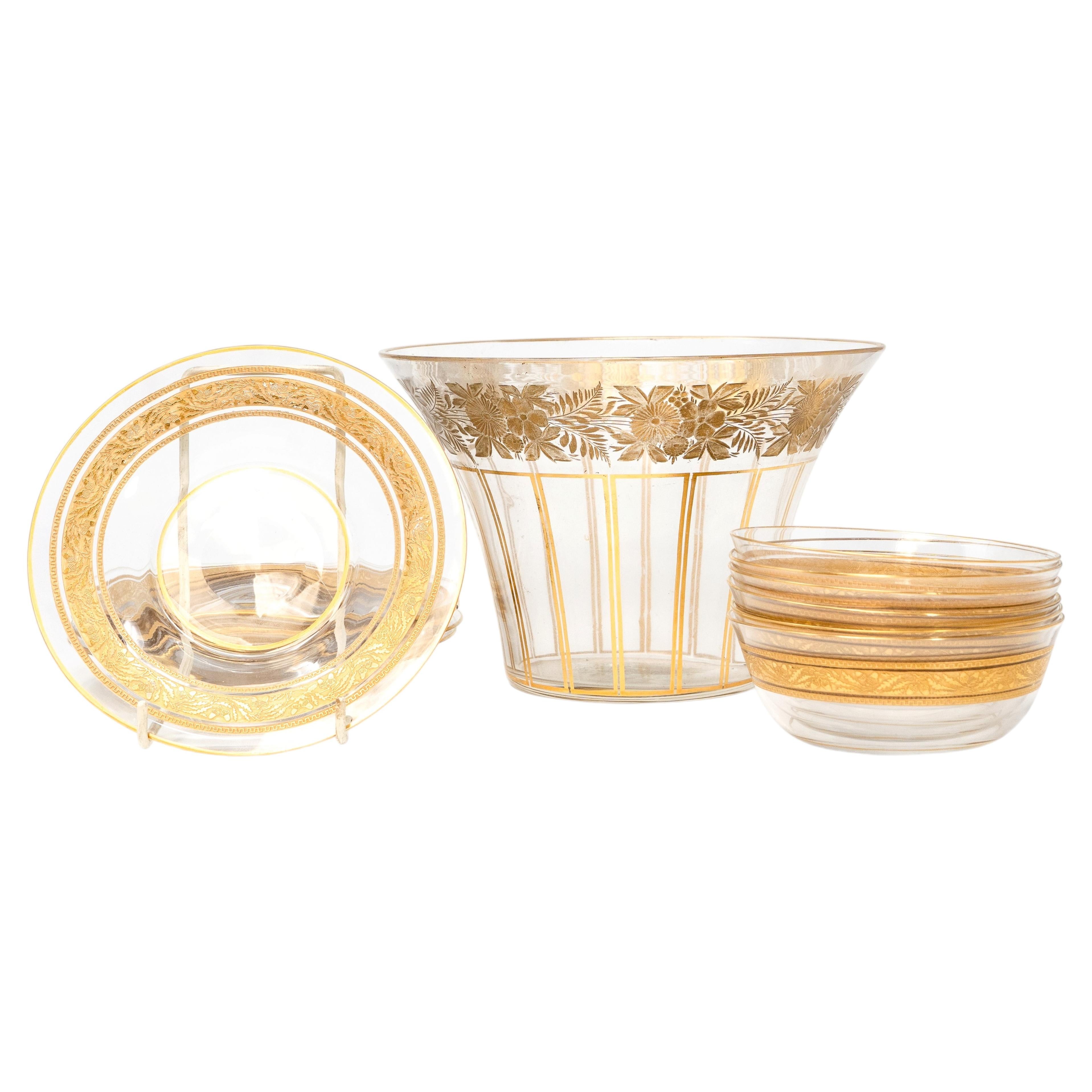 Antique Bohemian Clear Crystal Dessert and Compote Set with Fine Gilded Floral B For Sale