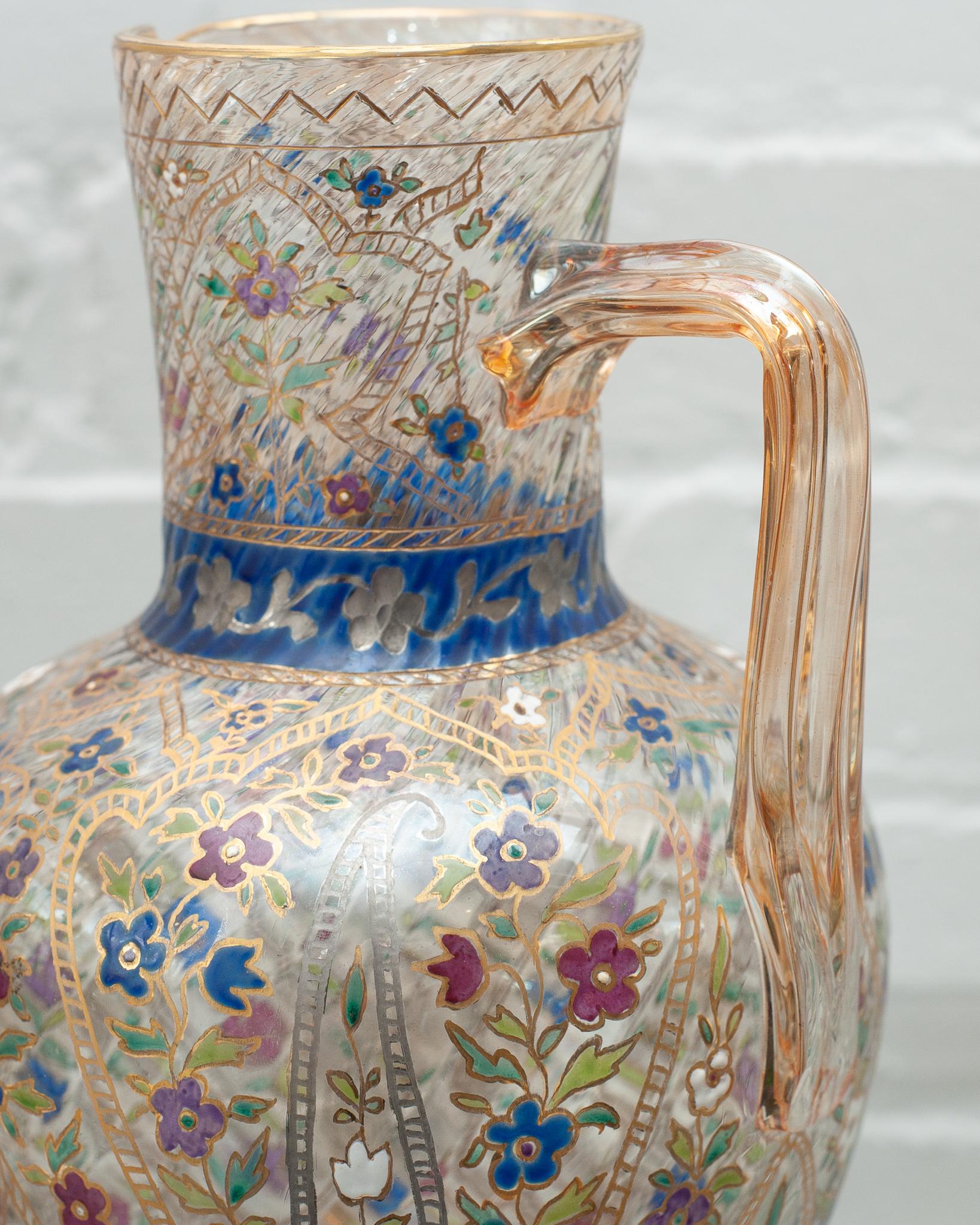Gilt Antique Bohemian Clear Glass Water Pitcher with Ornate Floral Enamel For Sale