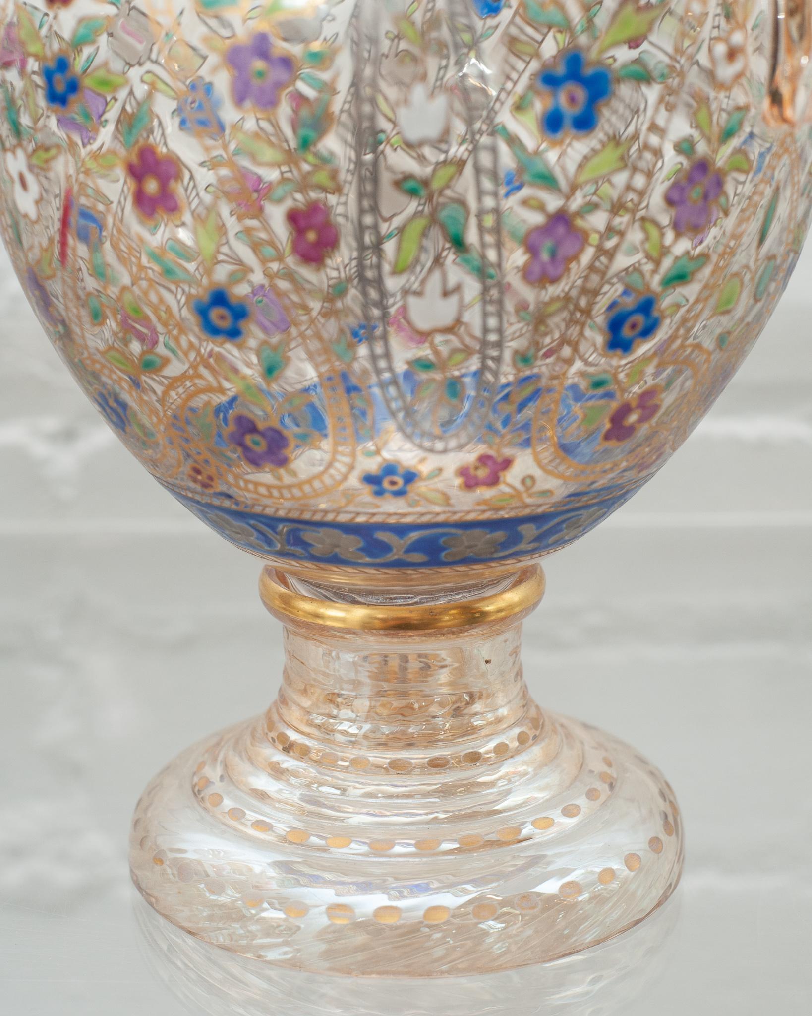 Antique Bohemian Clear Crystal Water Pitcher with Ornate Floral Enamel In Good Condition For Sale In Toronto, ON