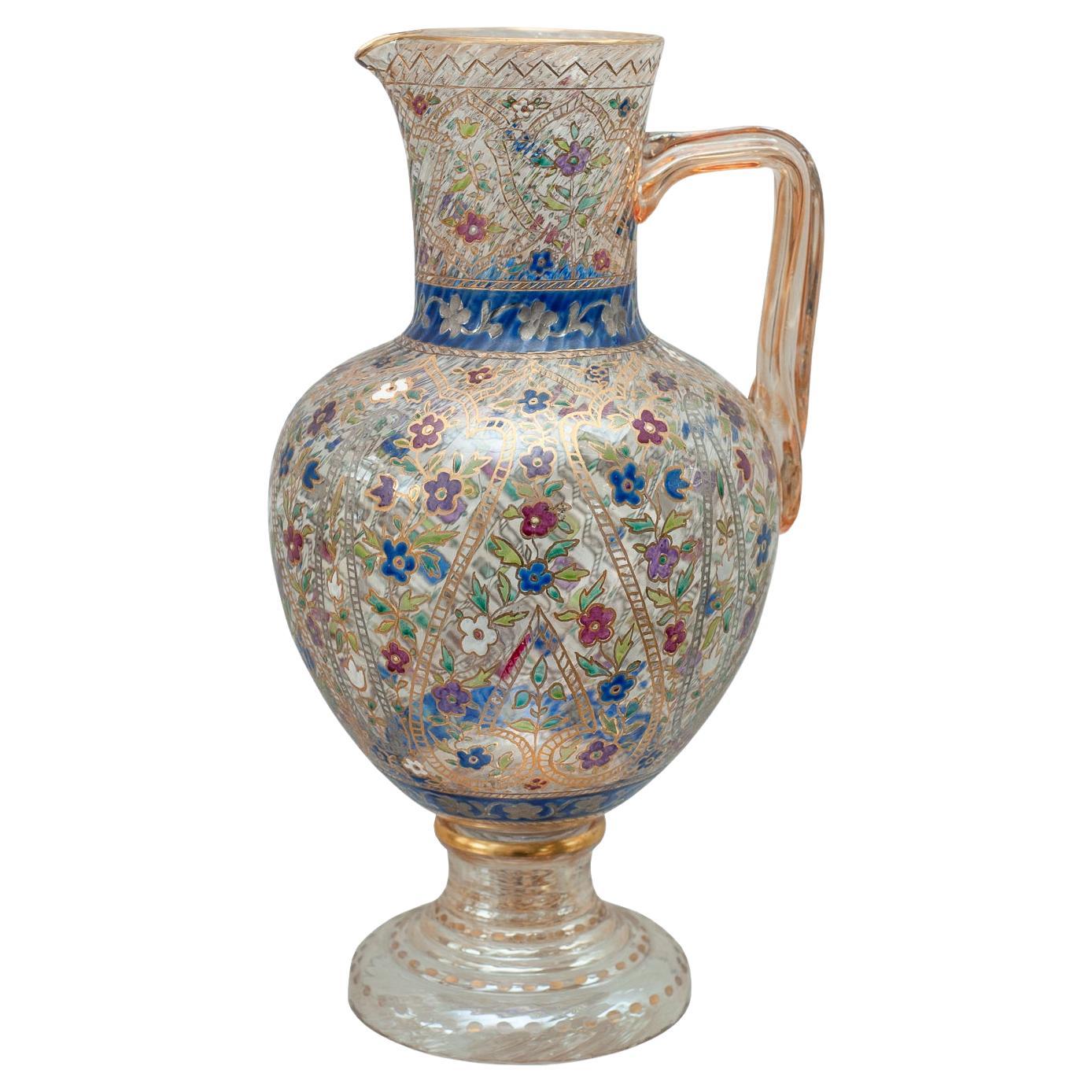 Antique Bohemian Clear Crystal Water Pitcher with Ornate Floral Enamel For Sale