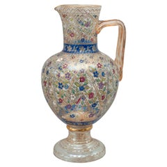 Antique Bohemian Clear Crystal Water Pitcher with Ornate Floral Enamel