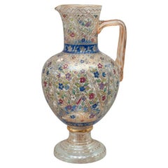 Antique Bohemian Clear Glass Water Pitcher with Ornate Floral Enamel