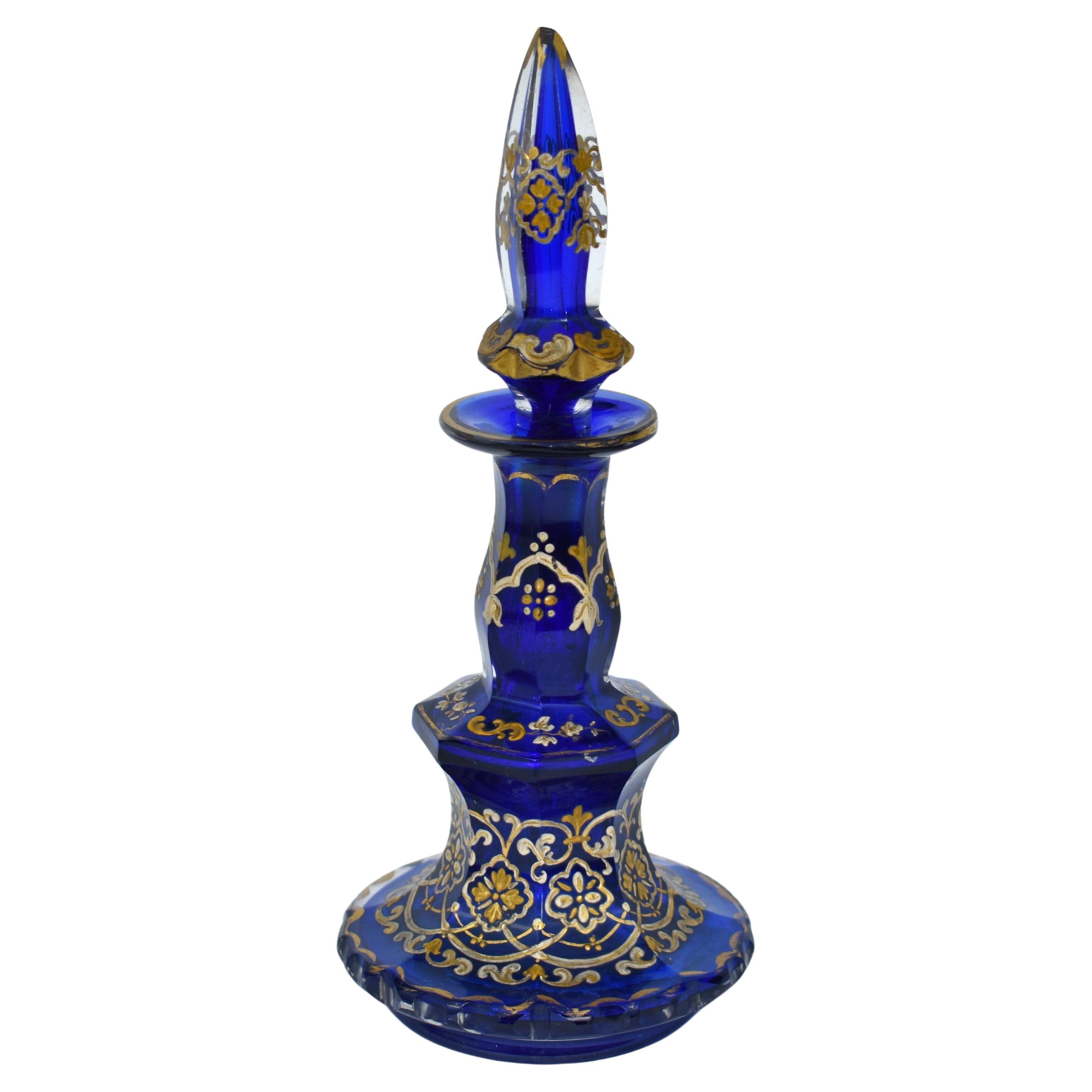 Gilt Antique Bohemian Cobalt Blue Cut-Glass Perfume Bottle, Decanter, 19th Century For Sale