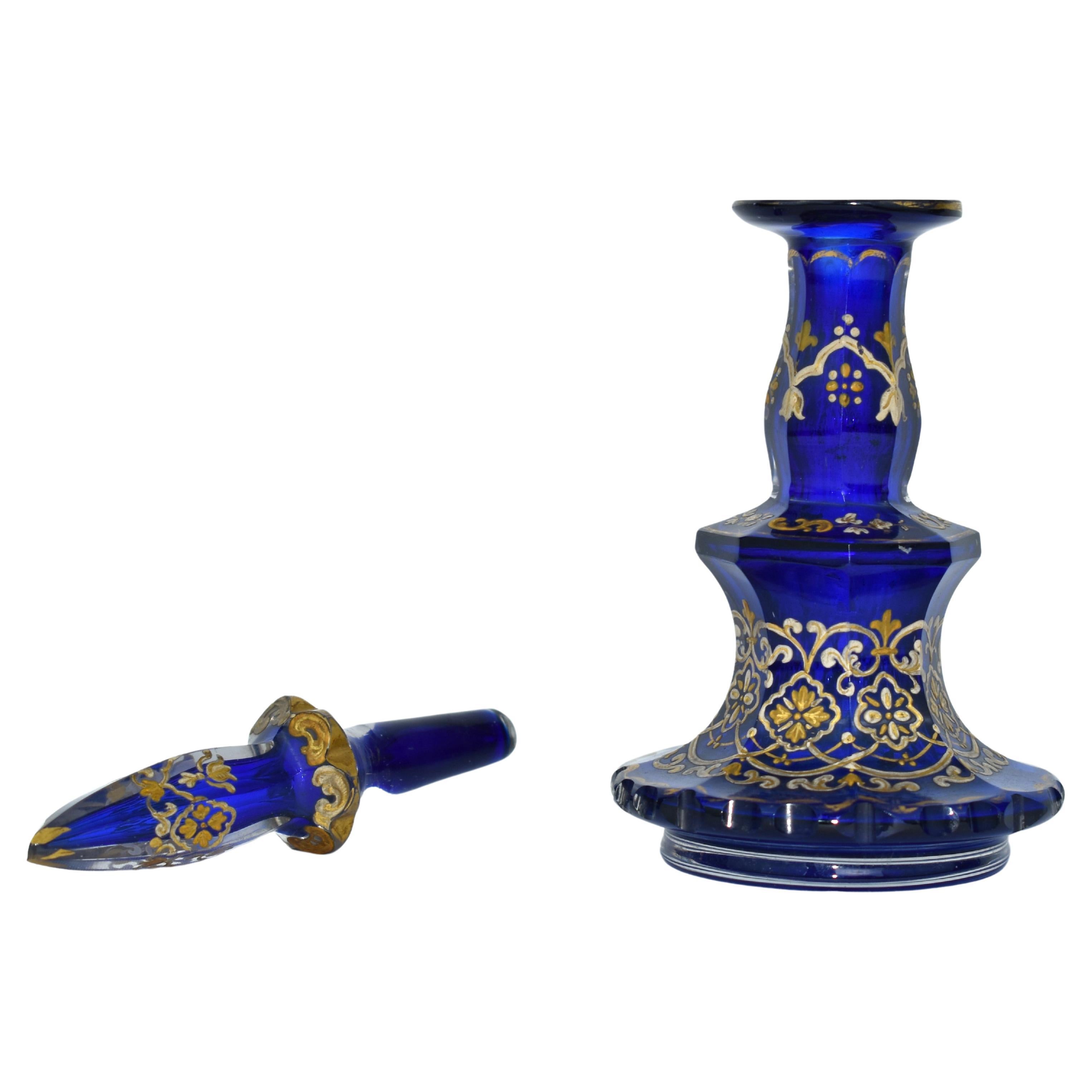 Antique Bohemian Cobalt Blue Cut-Glass Perfume Bottle, Decanter, 19th Century For Sale 2
