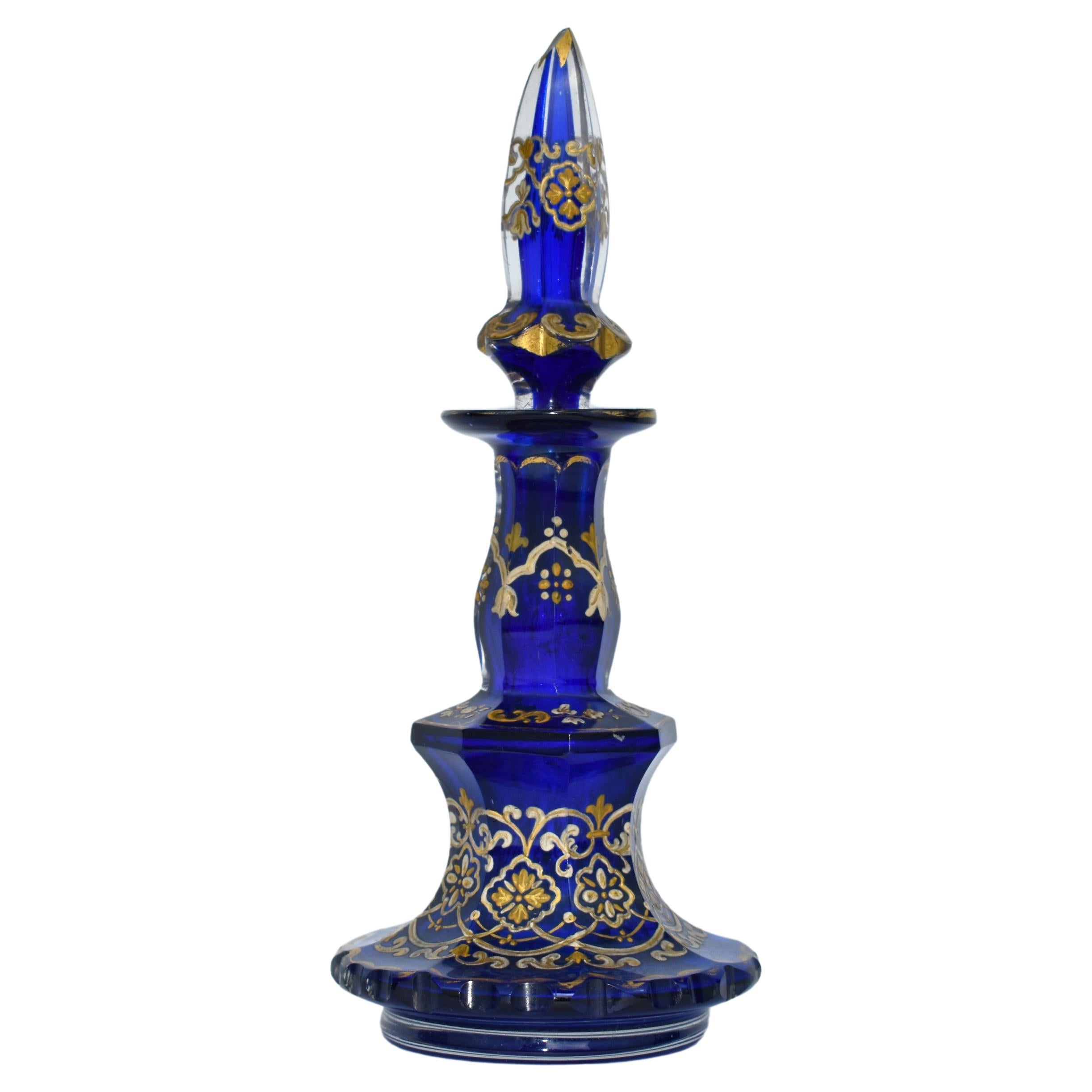 Antique Bohemian Cobalt Blue Cut-Glass Perfume Bottle, Decanter, 19th Century For Sale