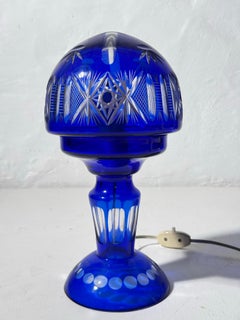 Antique Bohemian Cobalt Blue Cut-to-Clear Crystal Mushroom Lamp