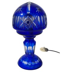 Antique Bohemian Cobalt Blue Cut-to-Clear Crystal Mushroom Lamp