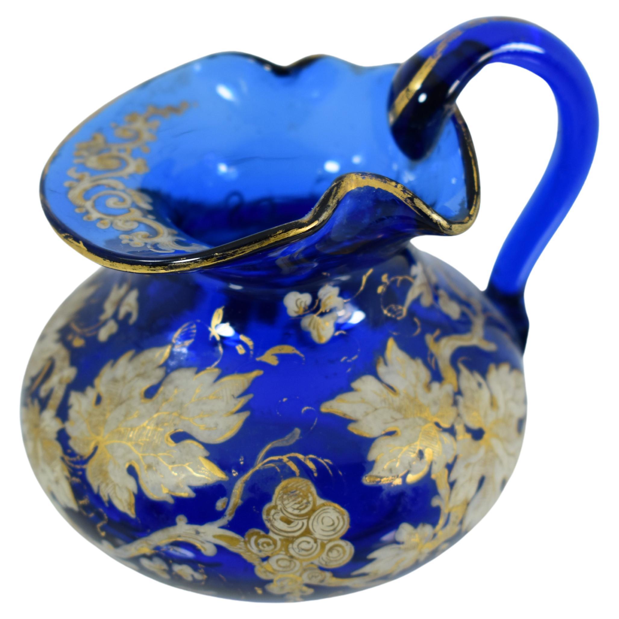 Antique Bohemian Cobalt Blue Enameled Glass Perfume Bottle and Jug, 19th Century In Good Condition For Sale In Rostock, MV