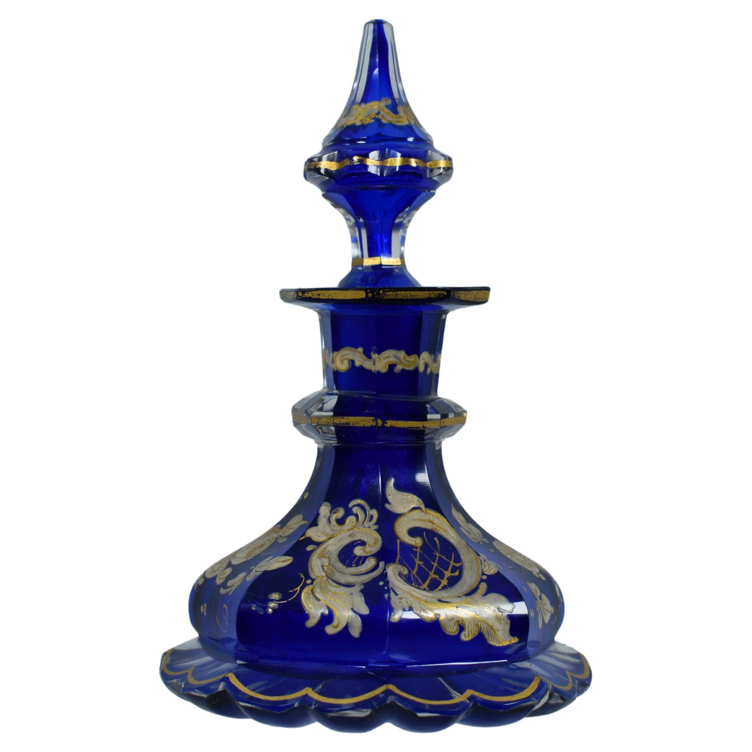 Antique Bohemian Cobalt Blue Enameled Glass Perfume Bottle and Jug, 19th Century For Sale 1