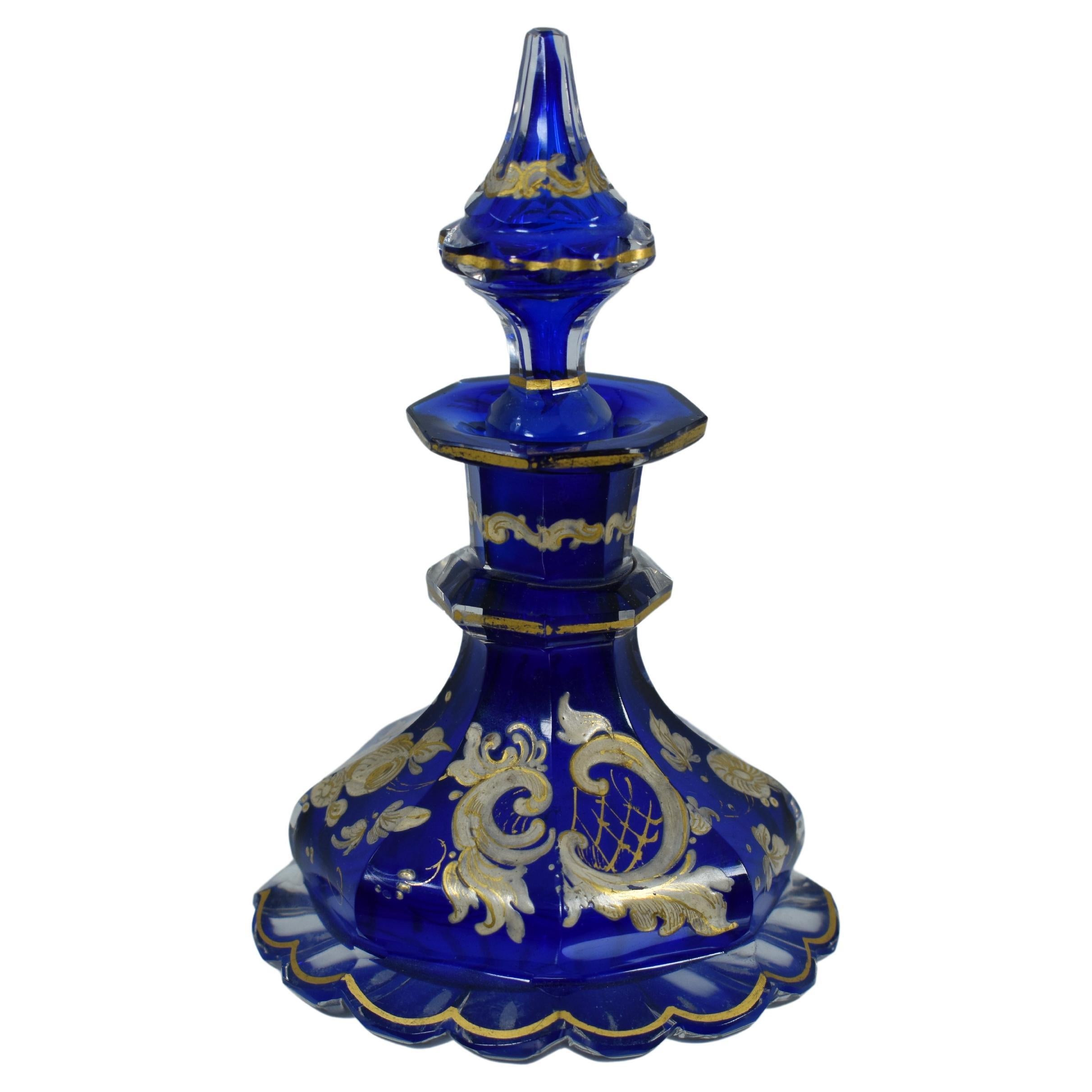 Antique Bohemian Cobalt Blue Enameled Glass Perfume Bottle and Jug, 19th Century For Sale 2