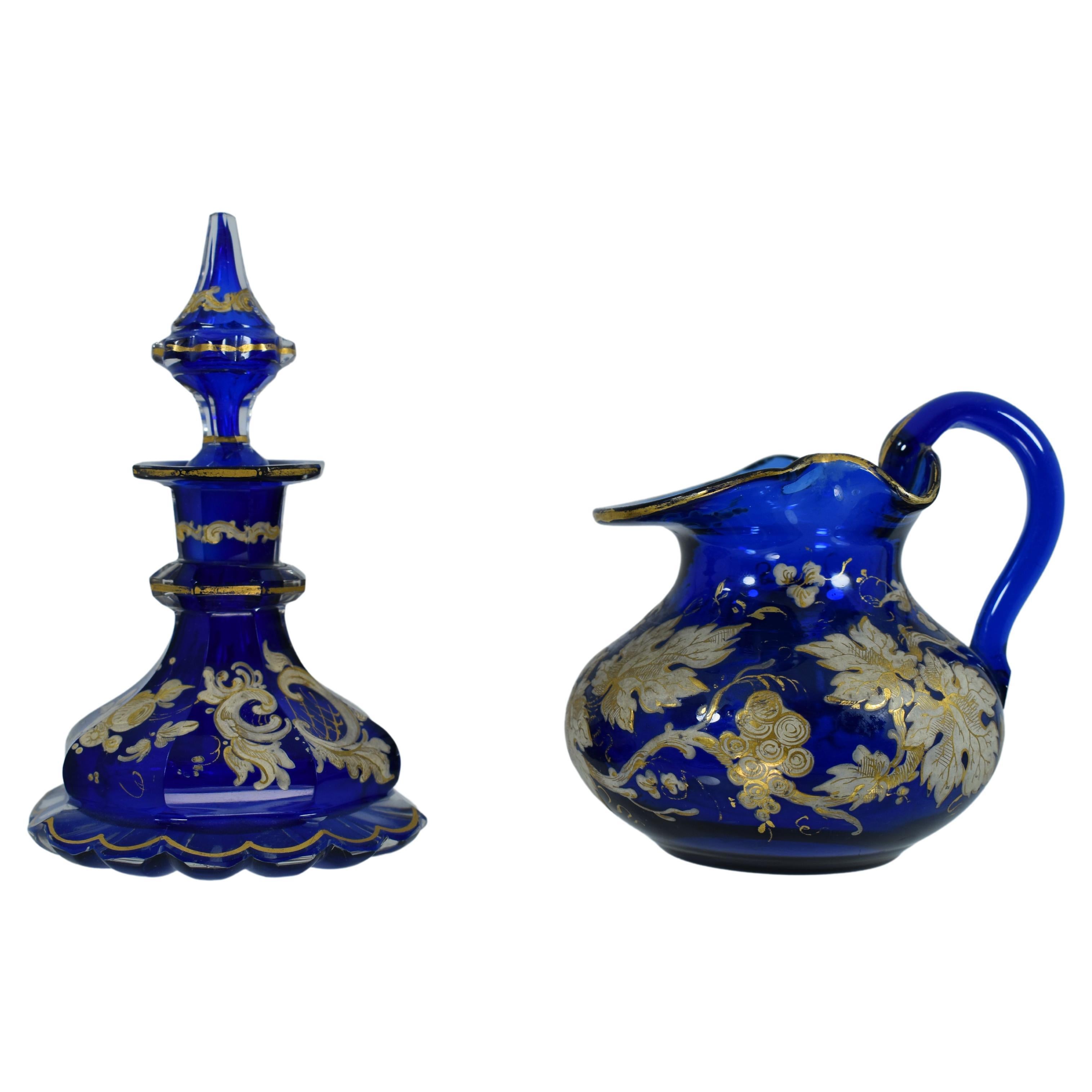Antique Bohemian Cobalt Blue Enameled Glass Perfume Bottle and Jug, 19th Century