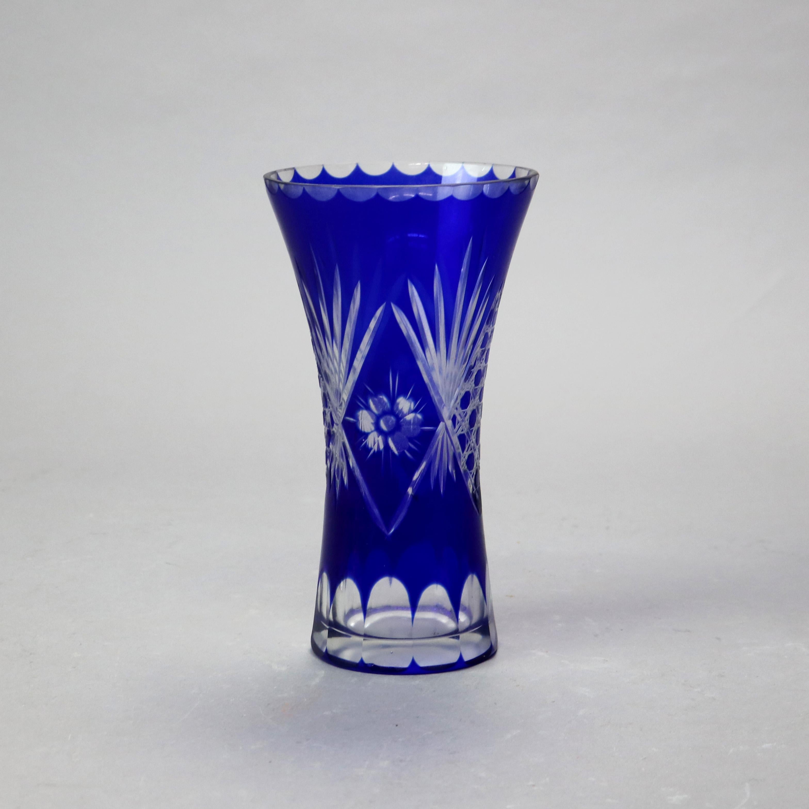 Antique Bohemian Cobalt Cut to Clear Glass Vase C1890 1